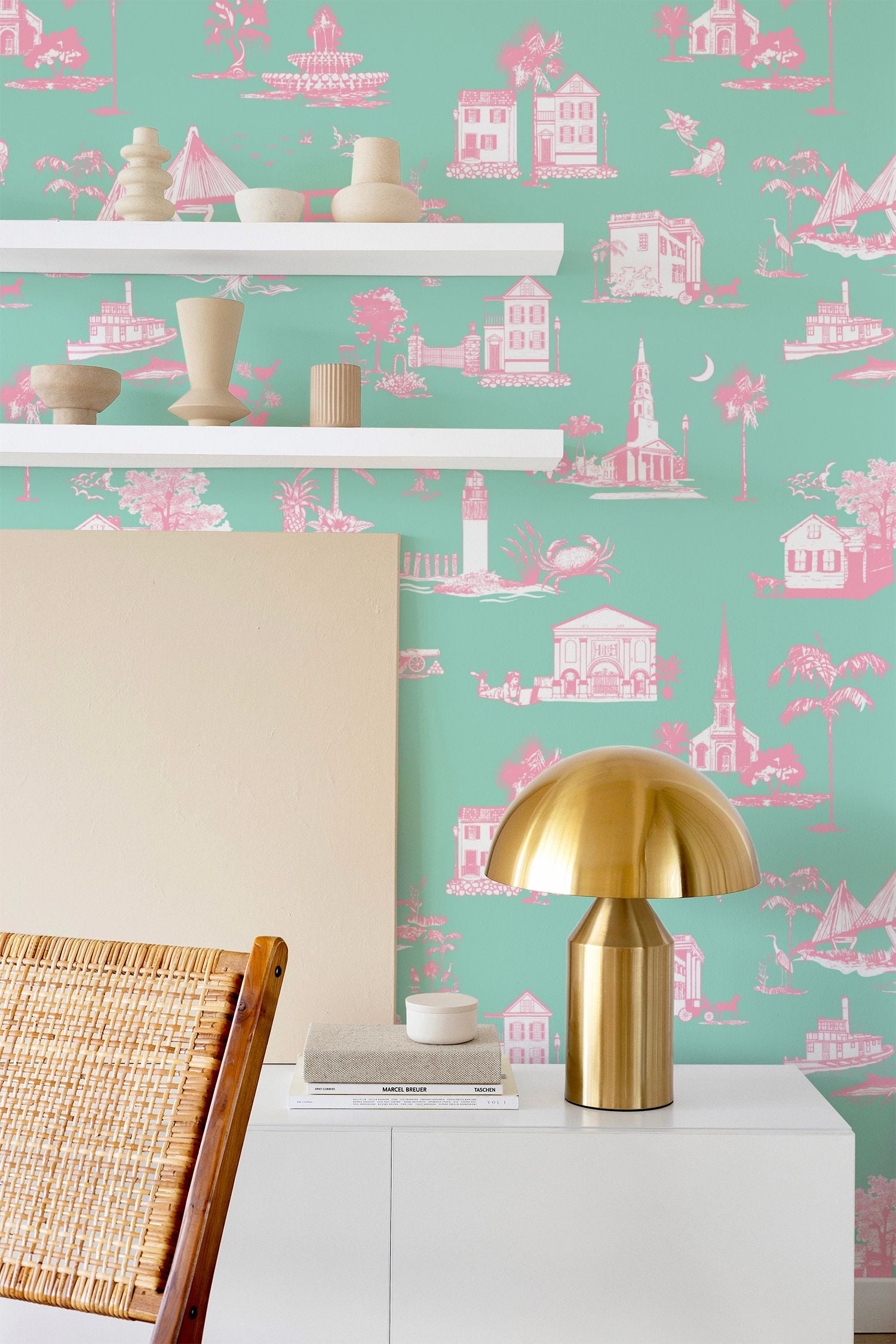 Charleston Toile Wallpaper in Mint color - pattern number KK711_Mint_KH300 - by Katie Kime in the collection
