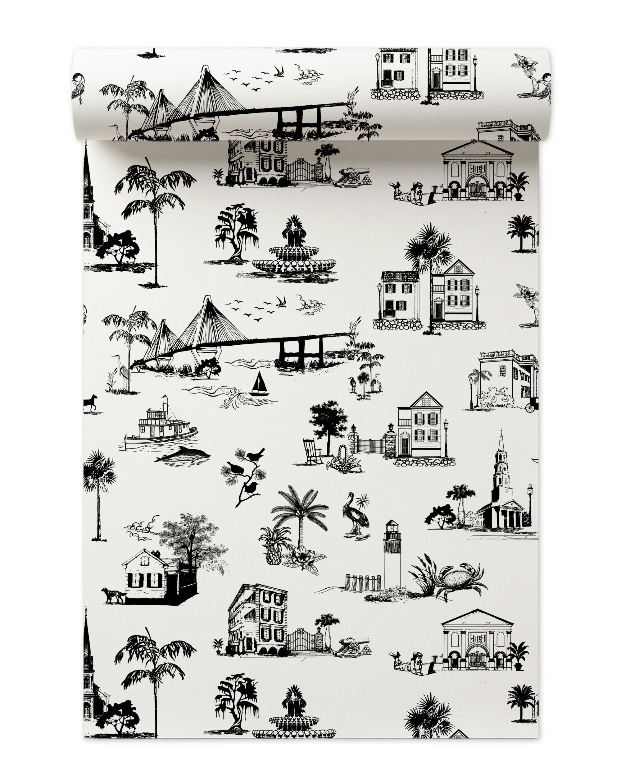 Charleston Toile Wallpaper in Black color - pattern number KK711_Black_KH300 - by Katie Kime in the collection