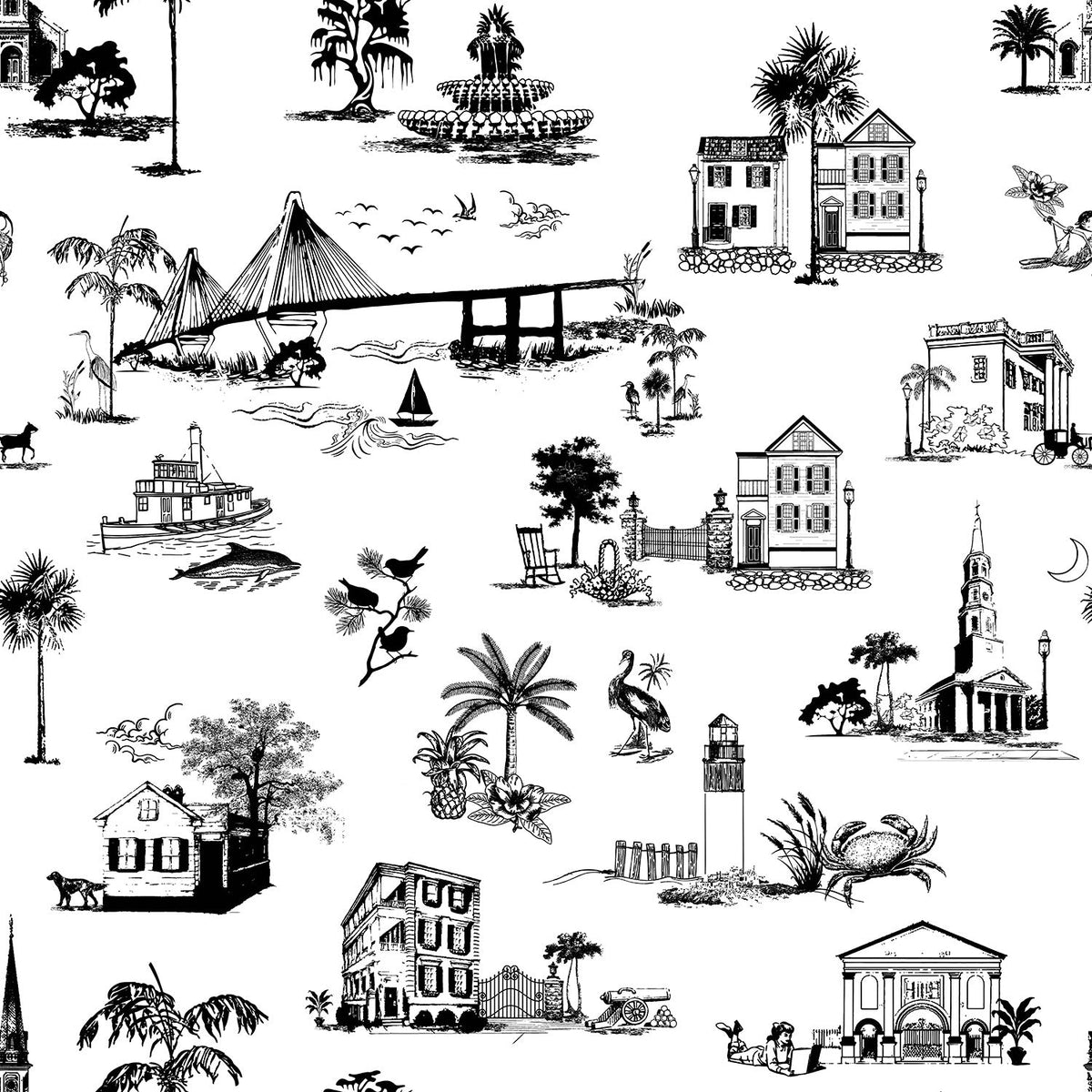 Charleston Toile Wallpaper in Black color - pattern number KK711_Black_KH300 - by Katie Kime in the collection