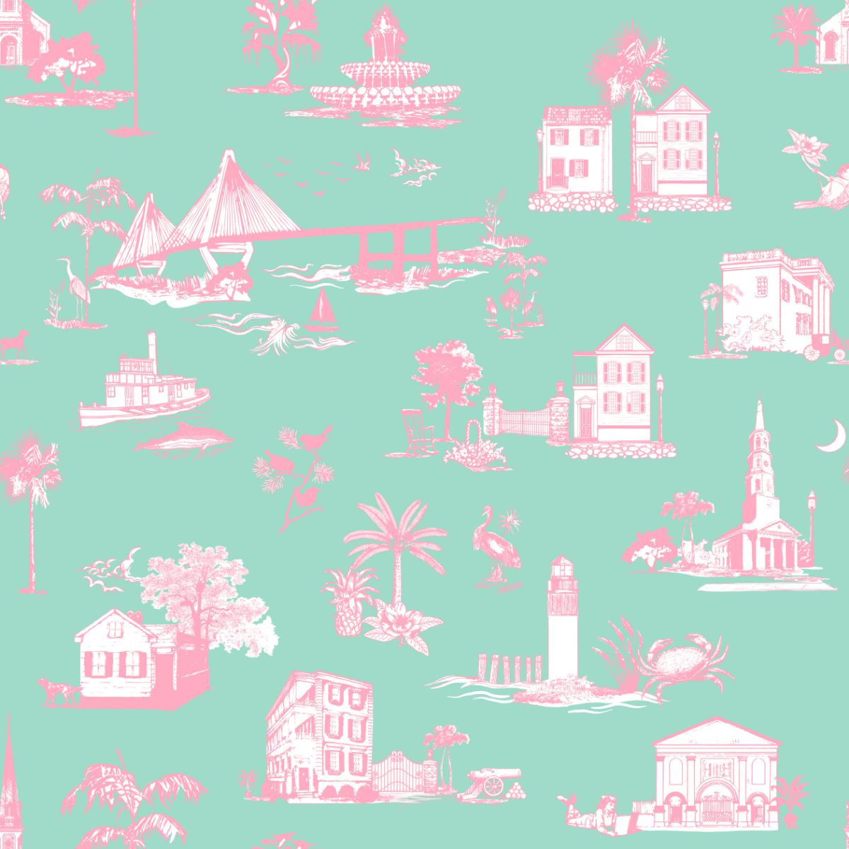 Charleston Toile Wallpaper in Mint color - pattern number KK711_Mint_KH300 - by Katie Kime in the collection