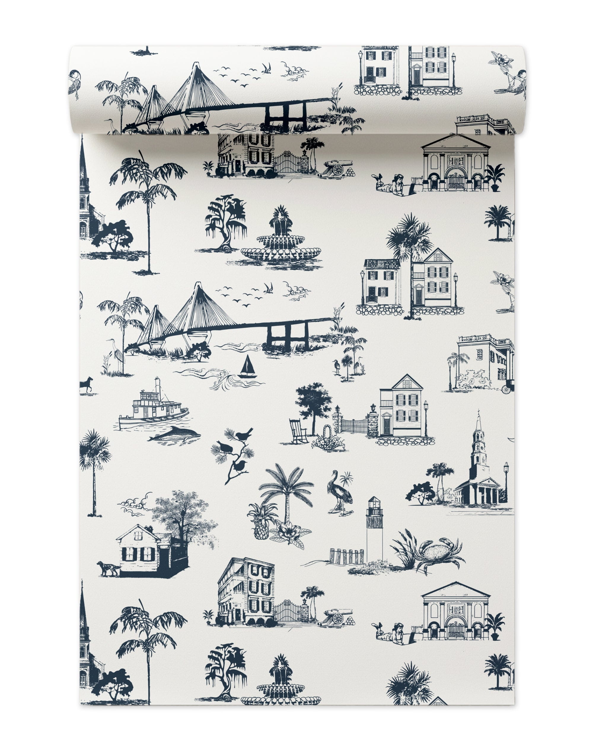 Charleston Toile Wallpaper in Navy color - pattern number KK711_Navy_KH300 - by Katie Kime in the collection