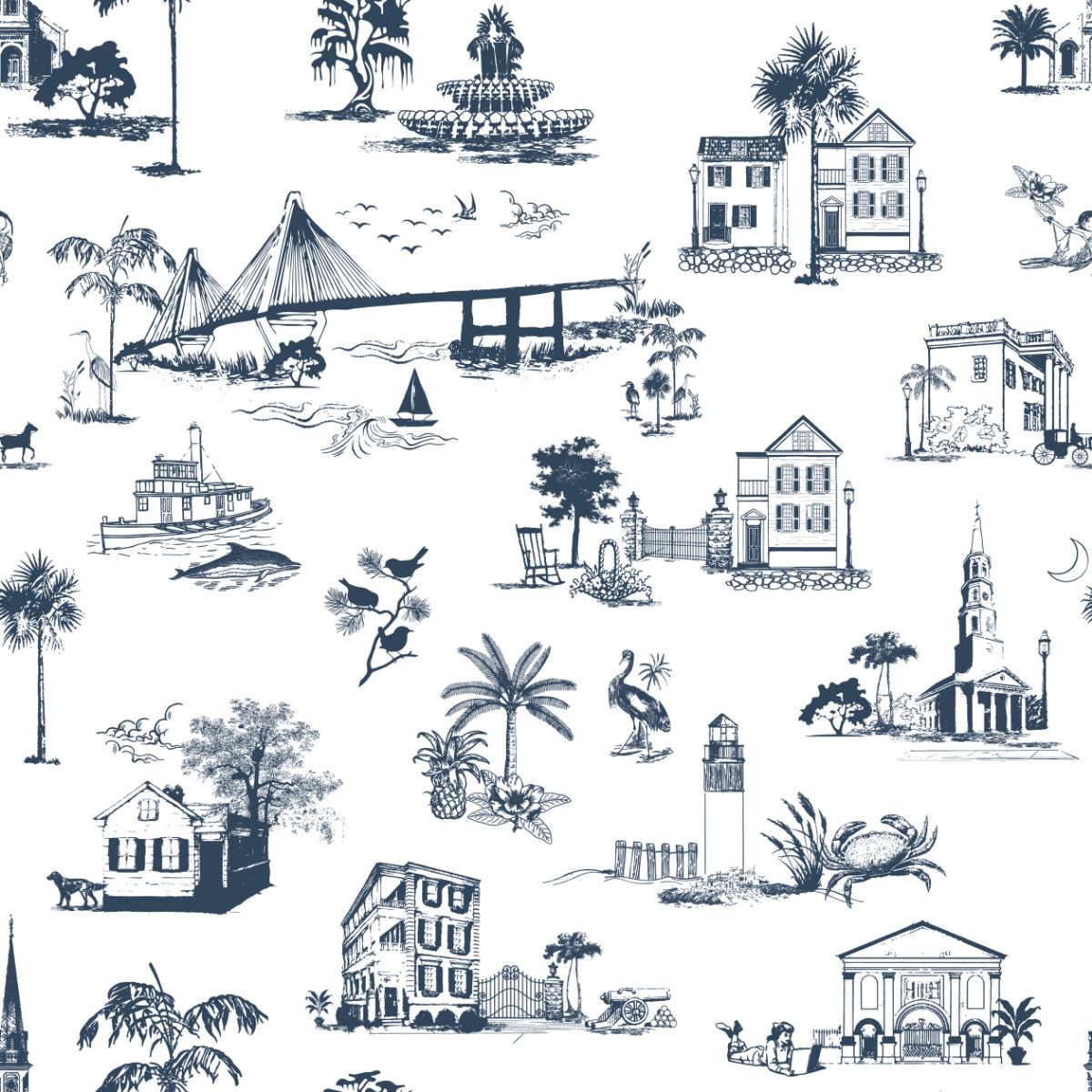 Charleston Toile Wallpaper in Navy color - pattern number KK711_Navy_KH300 - by Katie Kime in the collection