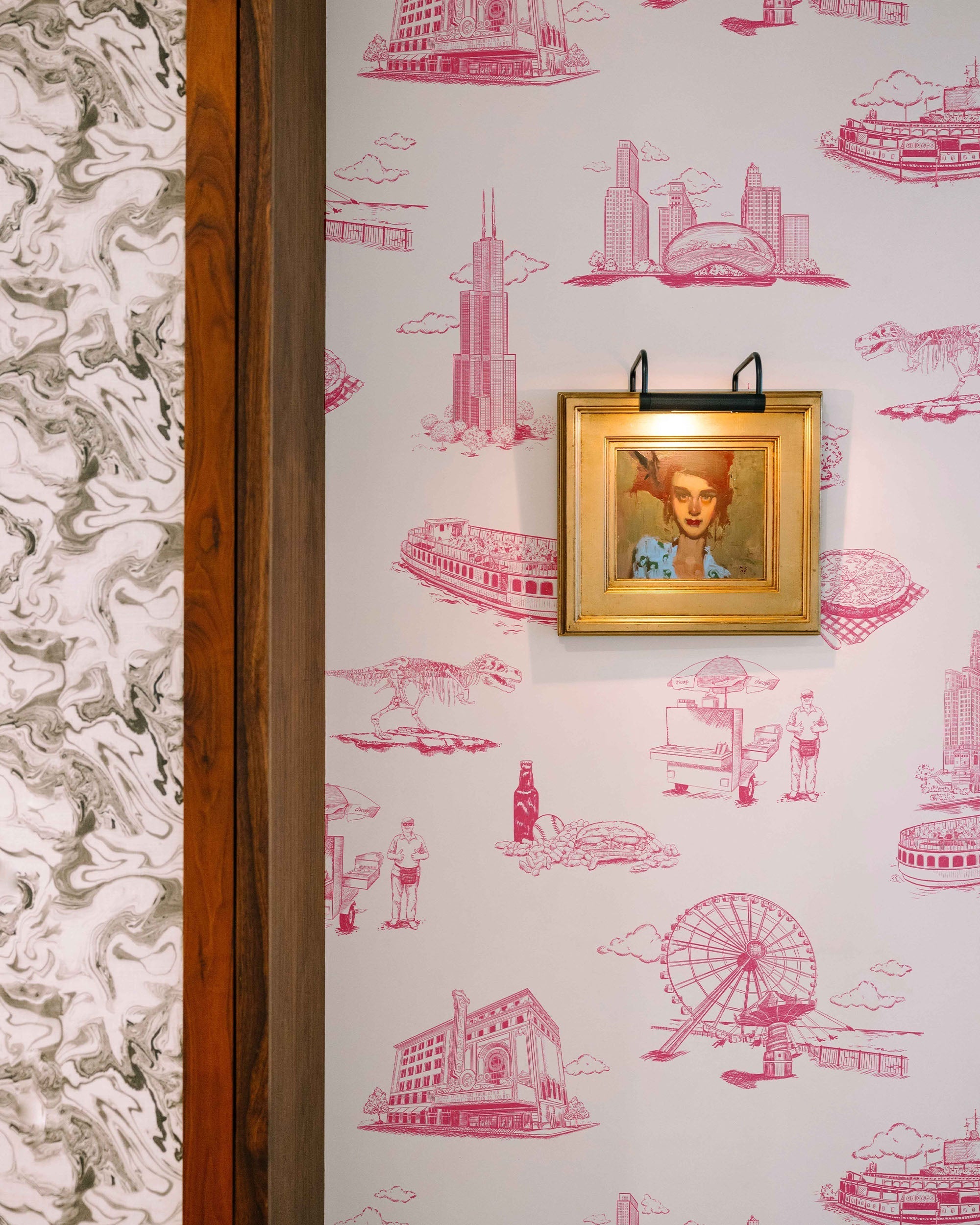 Chicago Toile Wallpaper in pink color - pattern number KK751_Pink_KH300 - by Katie Kime in the collection