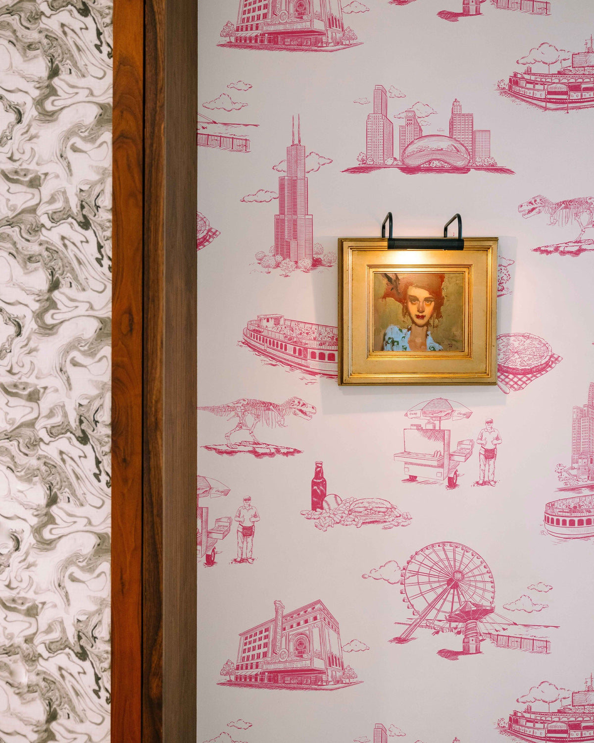 Chicago Toile Wallpaper in Pink color - pattern number KK751_Pink_KH300 - by Katie Kime in the collection