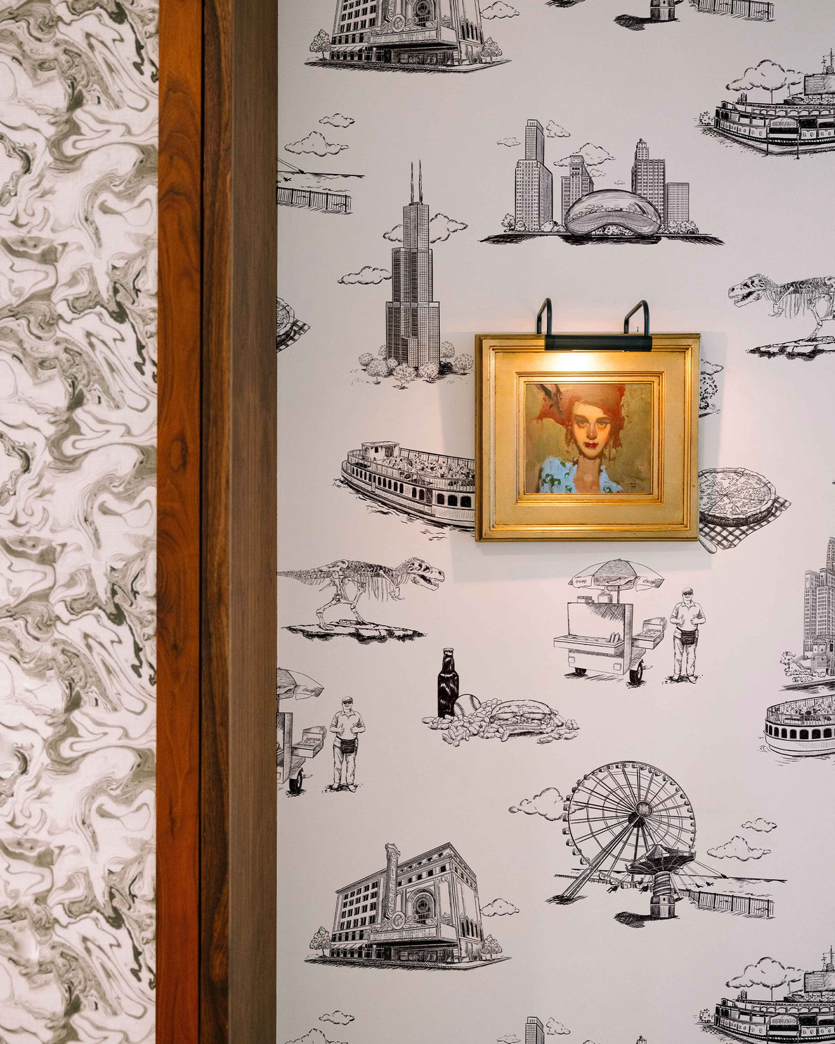 Chicago Toile Wallpaper in Black color - pattern number KK751_Black_KH300 - by Katie Kime in the collection