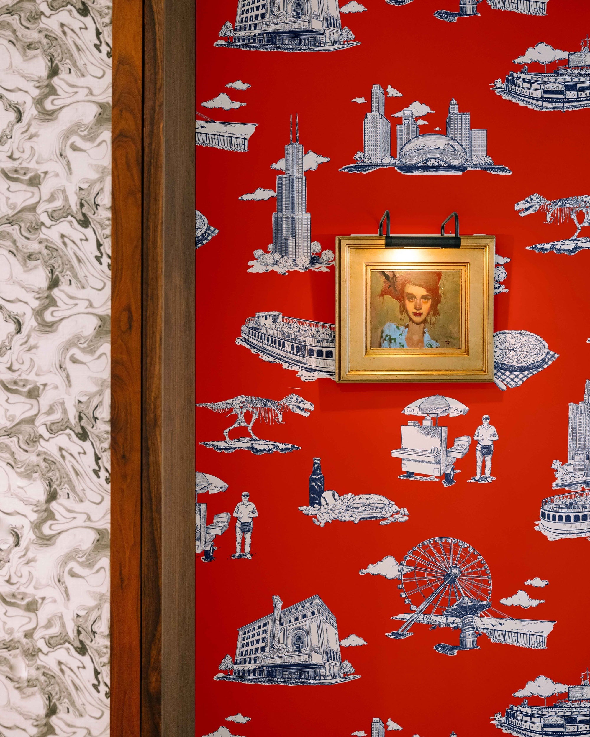 Chicago Toile Wallpaper in Red Navy color - pattern number KK751_Red_Navy_KH300 - by Katie Kime in the collection