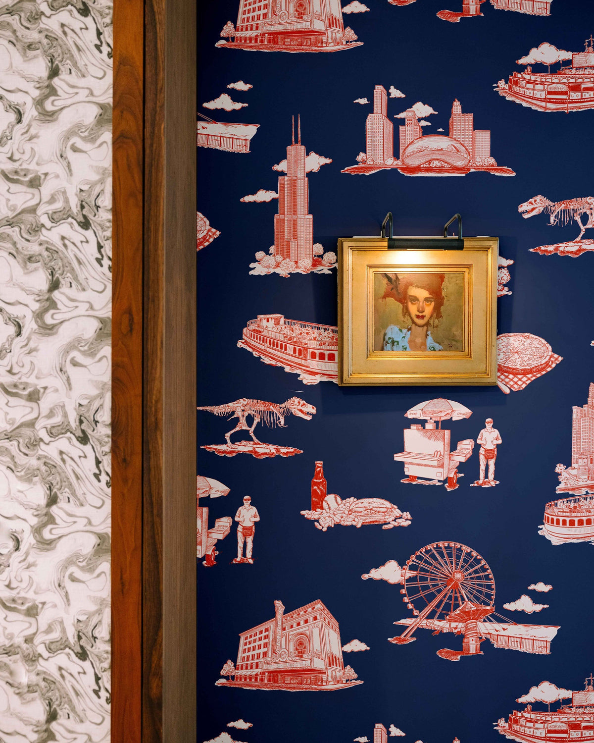 Chicago Toile Wallpaper in Navy Red color - pattern number KK751_Navy_Red_KH300 - by Katie Kime in the collection
