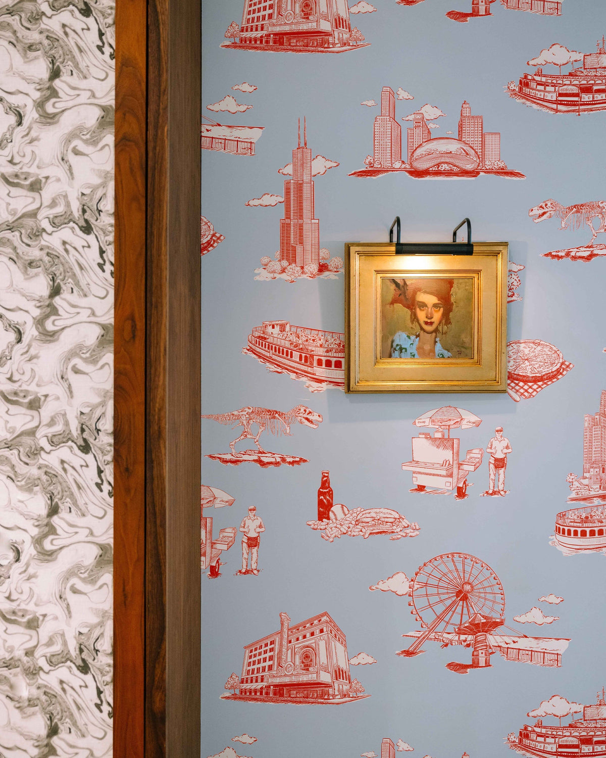 Chicago Toile Wallpaper in Light Blue Red color - pattern number KK751_Light_Blue_Red_KH300 - by Katie Kime in the collection