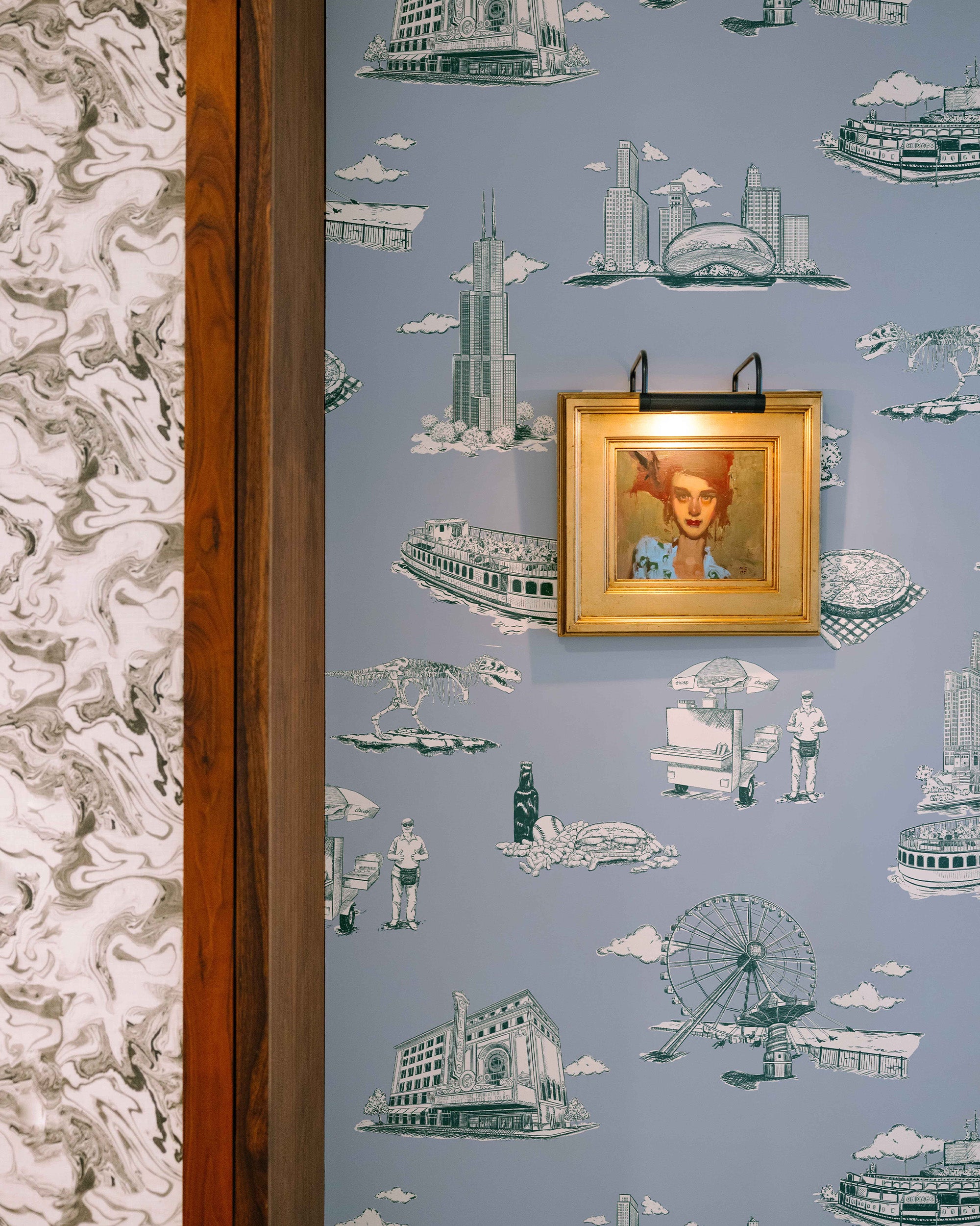 Chicago Toile Wallpaper in Blue Pine color - pattern number KK751_Blue_Pine_KH300 - by Katie Kime in the collection