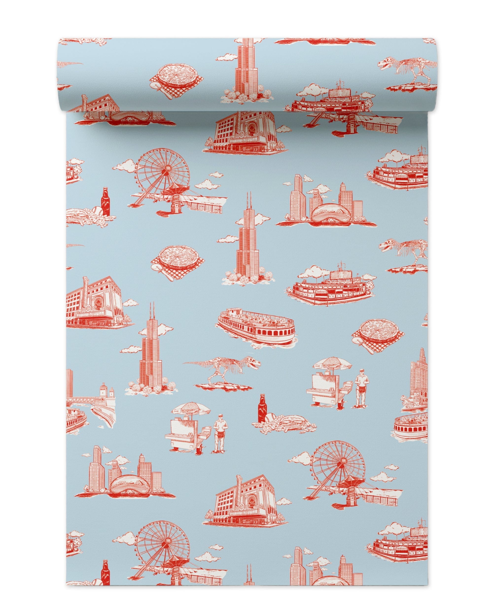 Chicago Toile Wallpaper in Light Blue Red color - pattern number KK751_Light_Blue_Red_KH300 - by Katie Kime in the collection