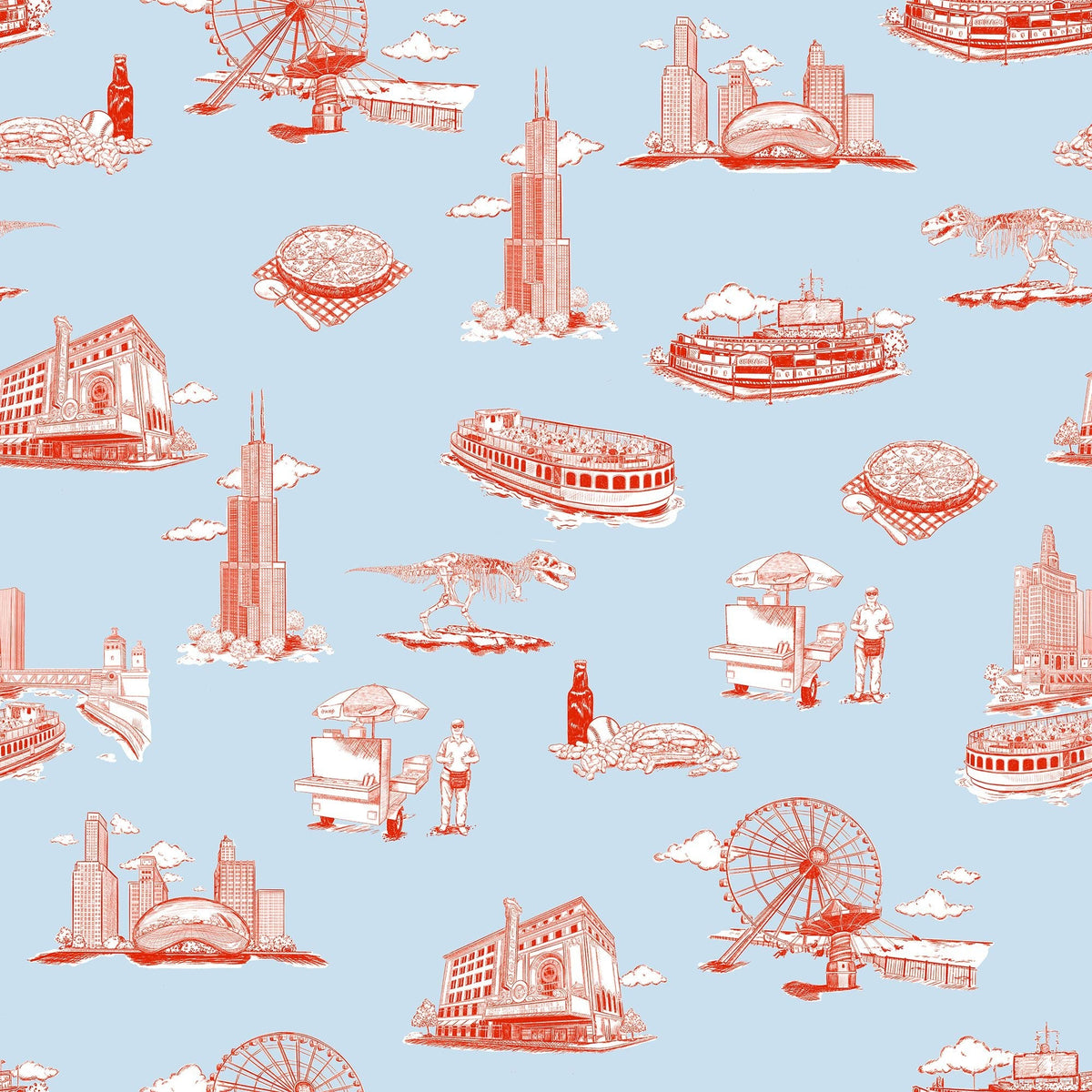 Chicago Toile Wallpaper in Light Blue Red color - pattern number KK751_Light_Blue_Red_KH300 - by Katie Kime in the collection