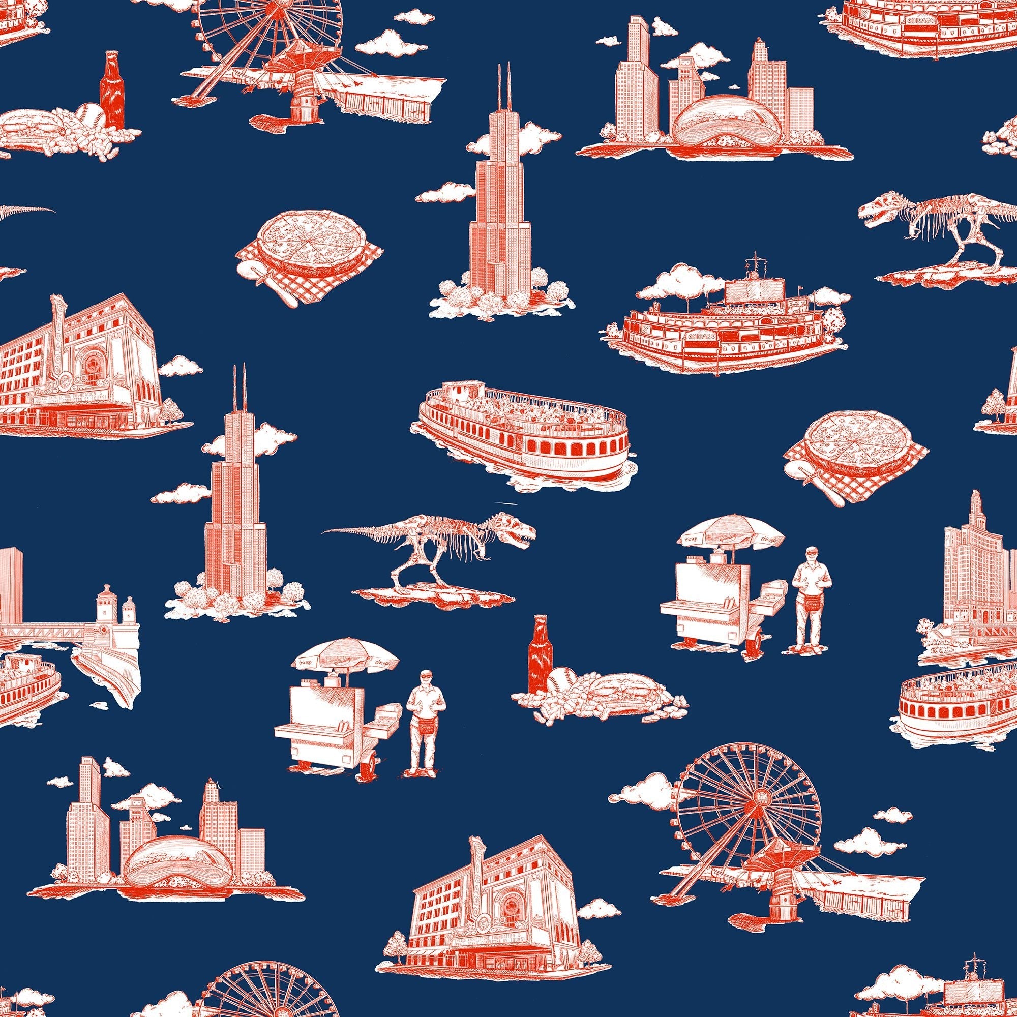 Chicago Toile Wallpaper in Navy Red color - pattern number KK751_Navy_Red_KH300 - by Katie Kime in the collection