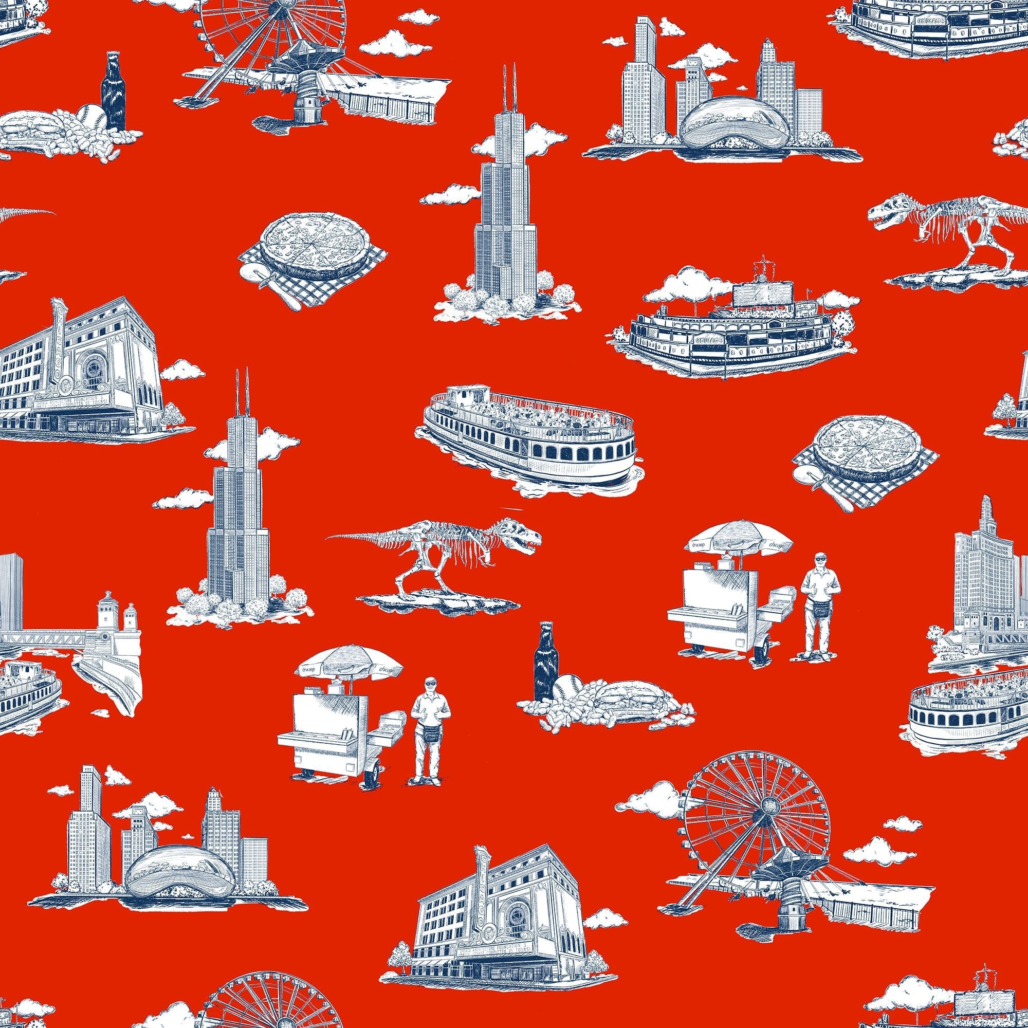 Chicago Toile Wallpaper in Red Navy color - pattern number KK751_Red_Navy_KH300 - by Katie Kime in the collection