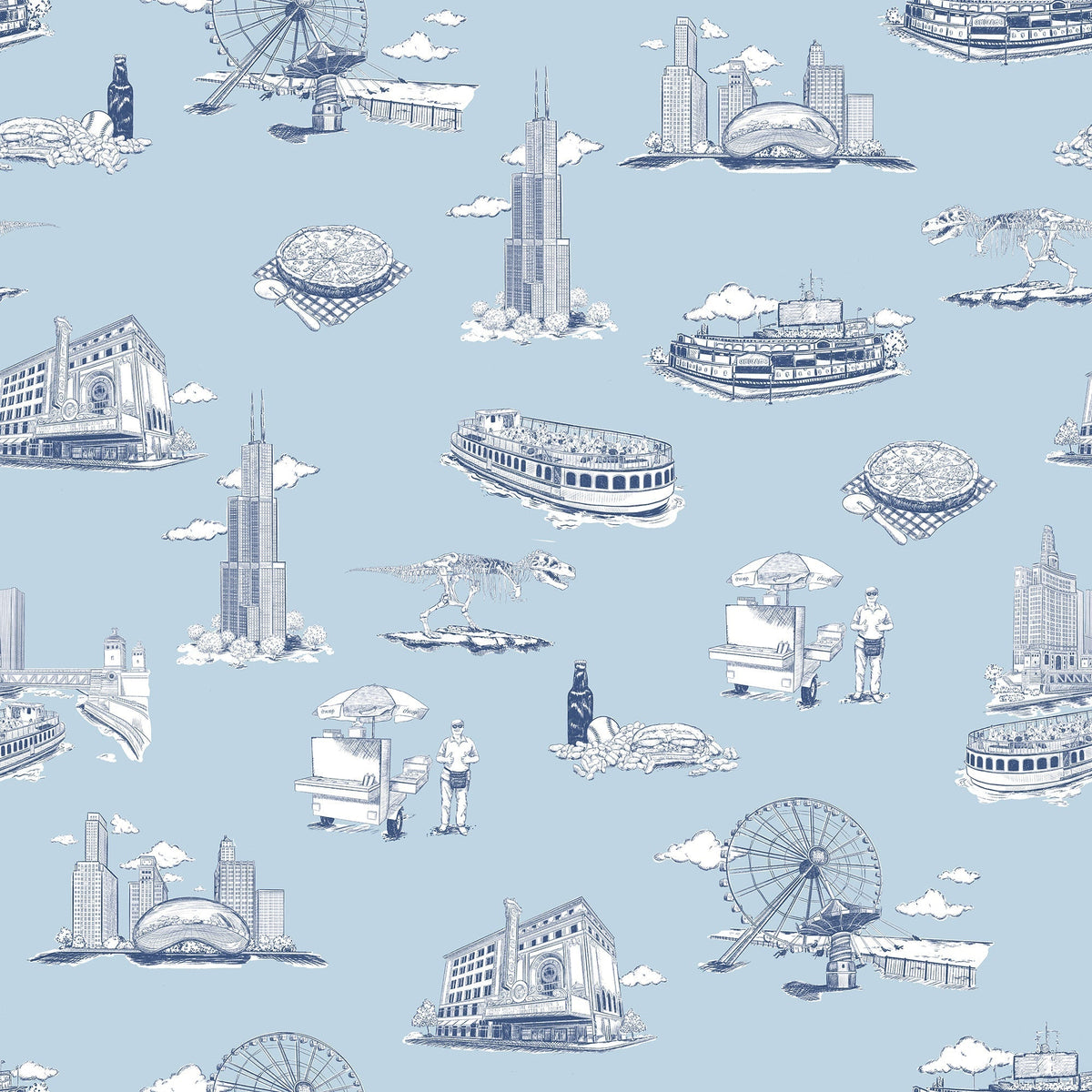 Chicago Toile Wallpaper in Blue Navy color - pattern number KK751_Blue_Navy_KH300 - by Katie Kime in the collection