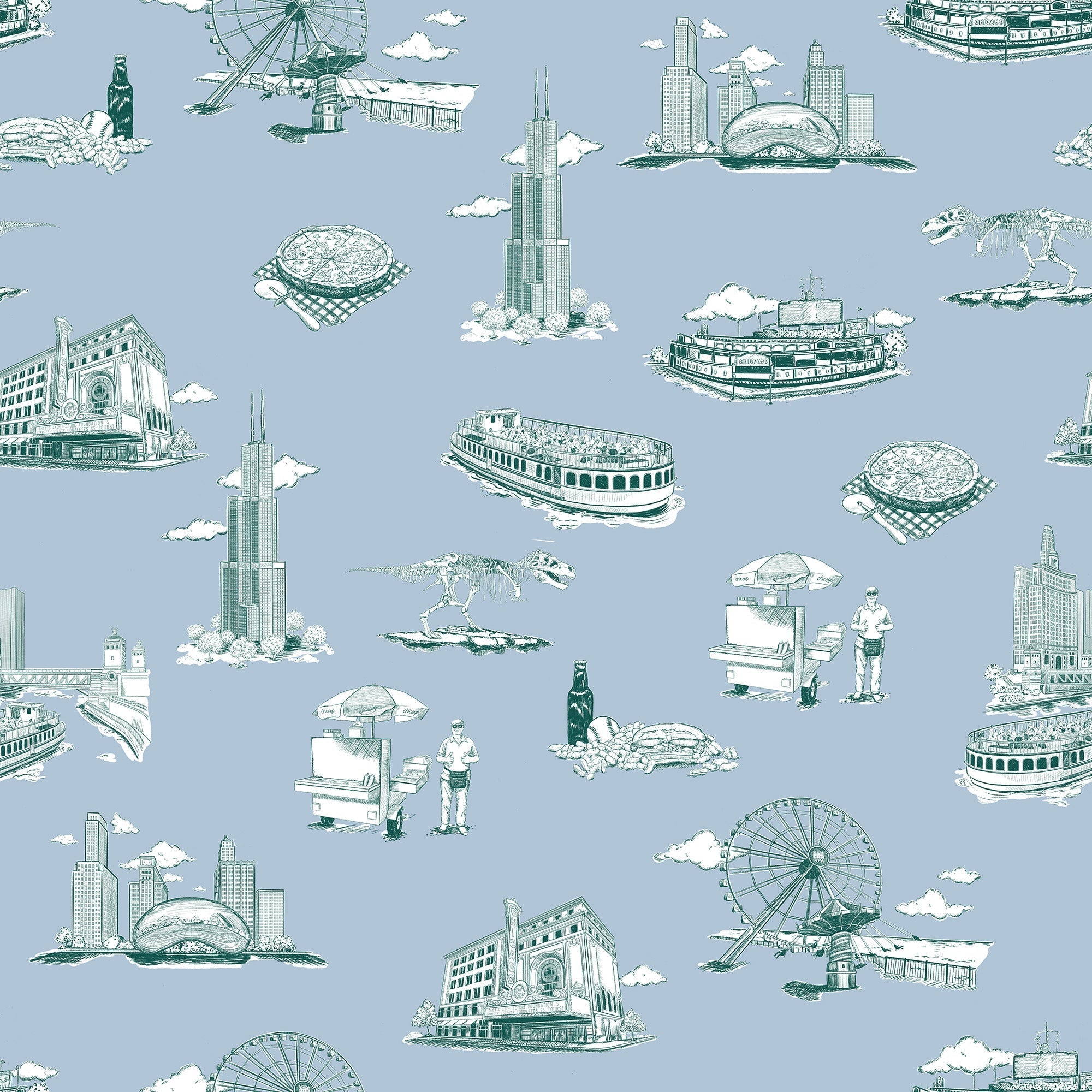 Chicago Toile Wallpaper in Blue Pine color - pattern number KK751_Blue_Pine_KH300 - by Katie Kime in the collection
