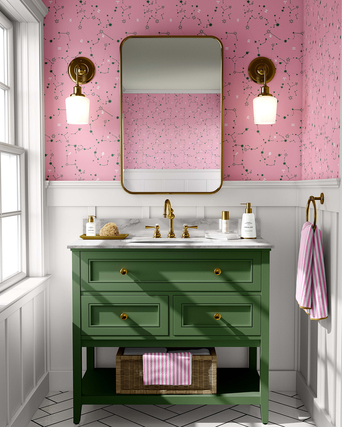 Constellations Wallpaper in Pink Green color - pattern number KK785_Pink_Green_KH300 - by Katie Kime in the collection