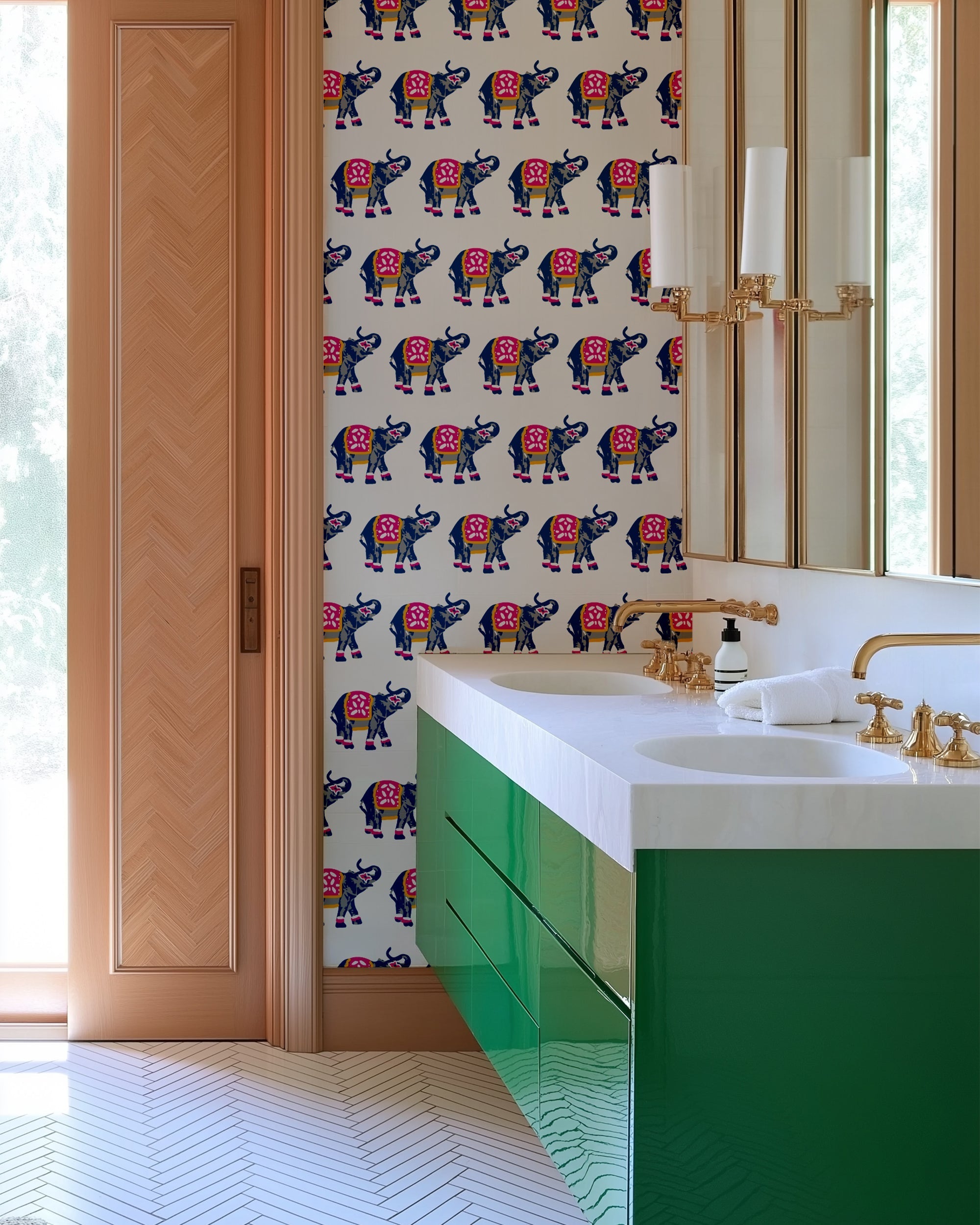 Elephants March Wallpaper in Pink color - pattern number KK17004_KH300 - by Katie Kime in the collection