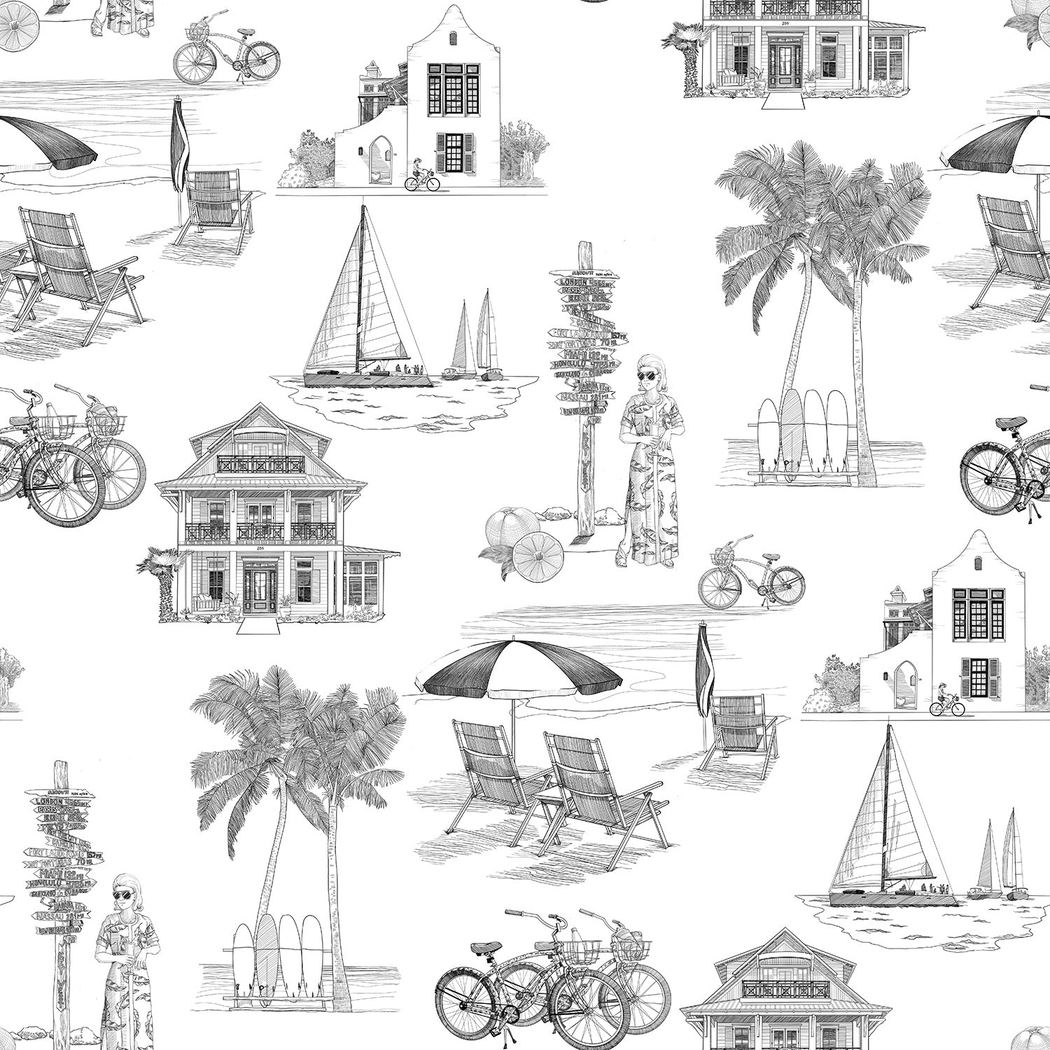 Florida Toile Wallpaper in Black color - pattern number KK706_Black_KH300 - by Katie Kime in the collection
