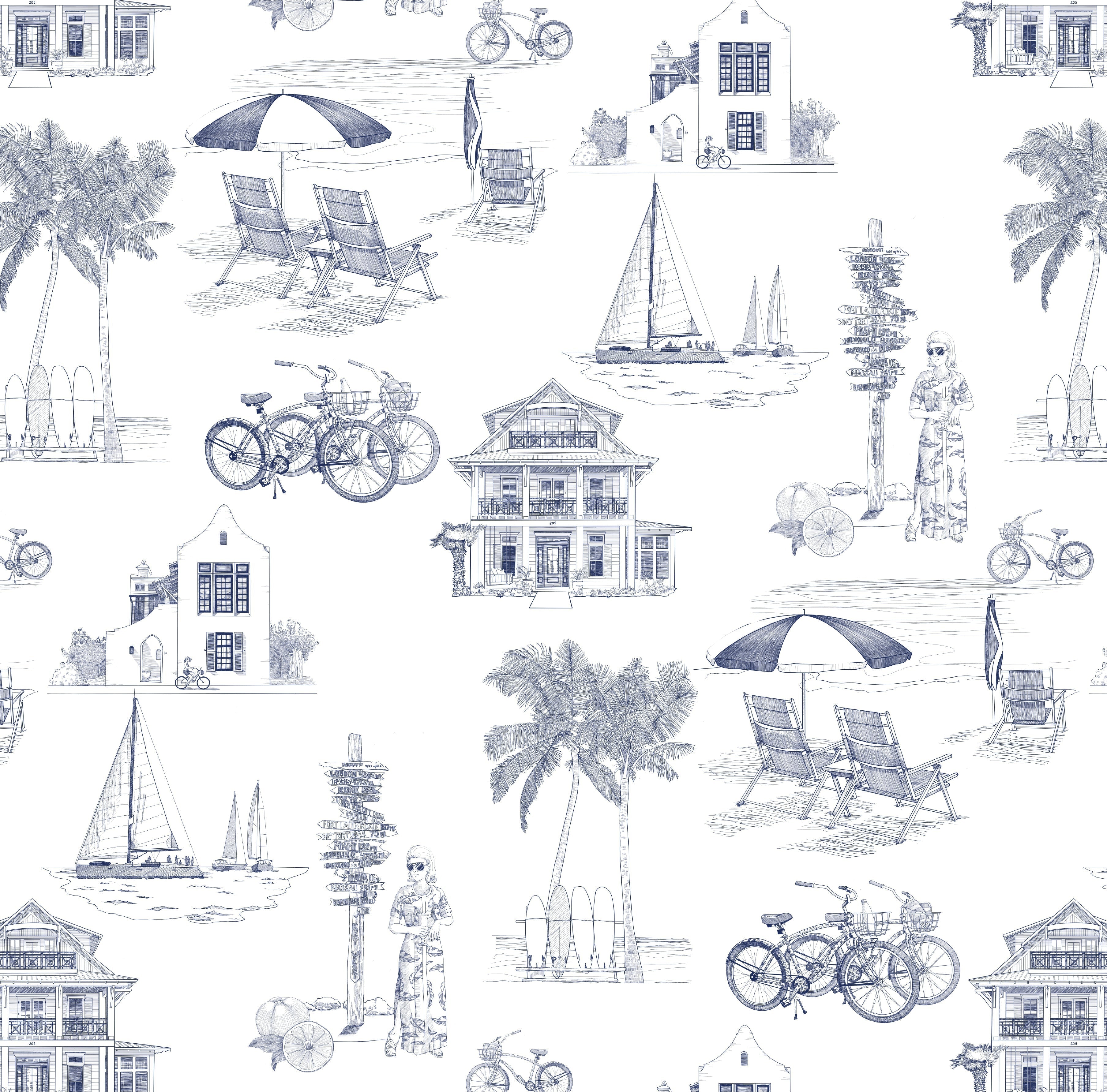Florida Toile Wallpaper in Navy color - pattern number KK706_Navy_KH300 - by Katie Kime in the collection