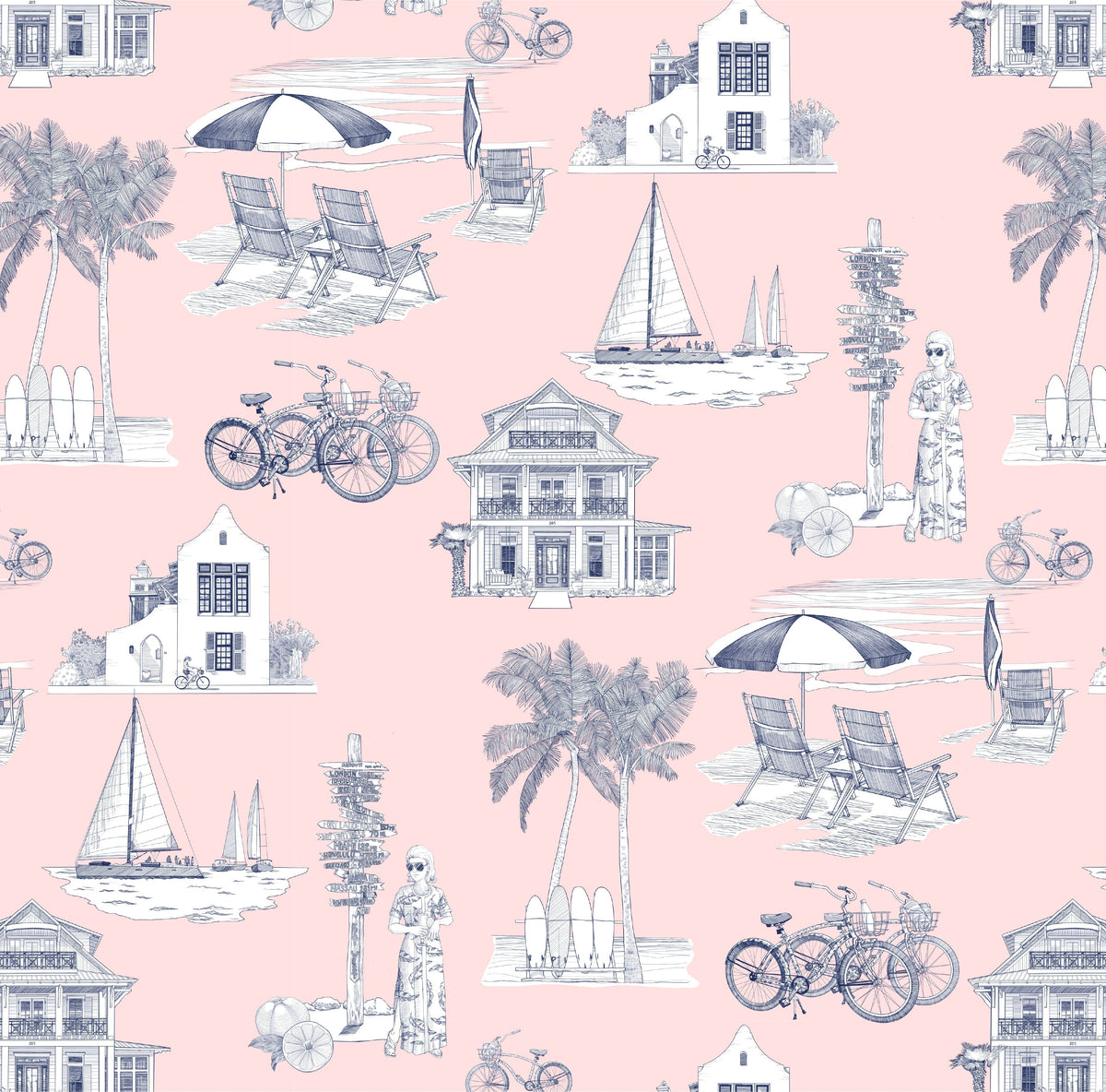 Florida Toile Wallpaper in Pink Navy color - pattern number KK706_Pink_Navy_KH300 - by Katie Kime in the collection