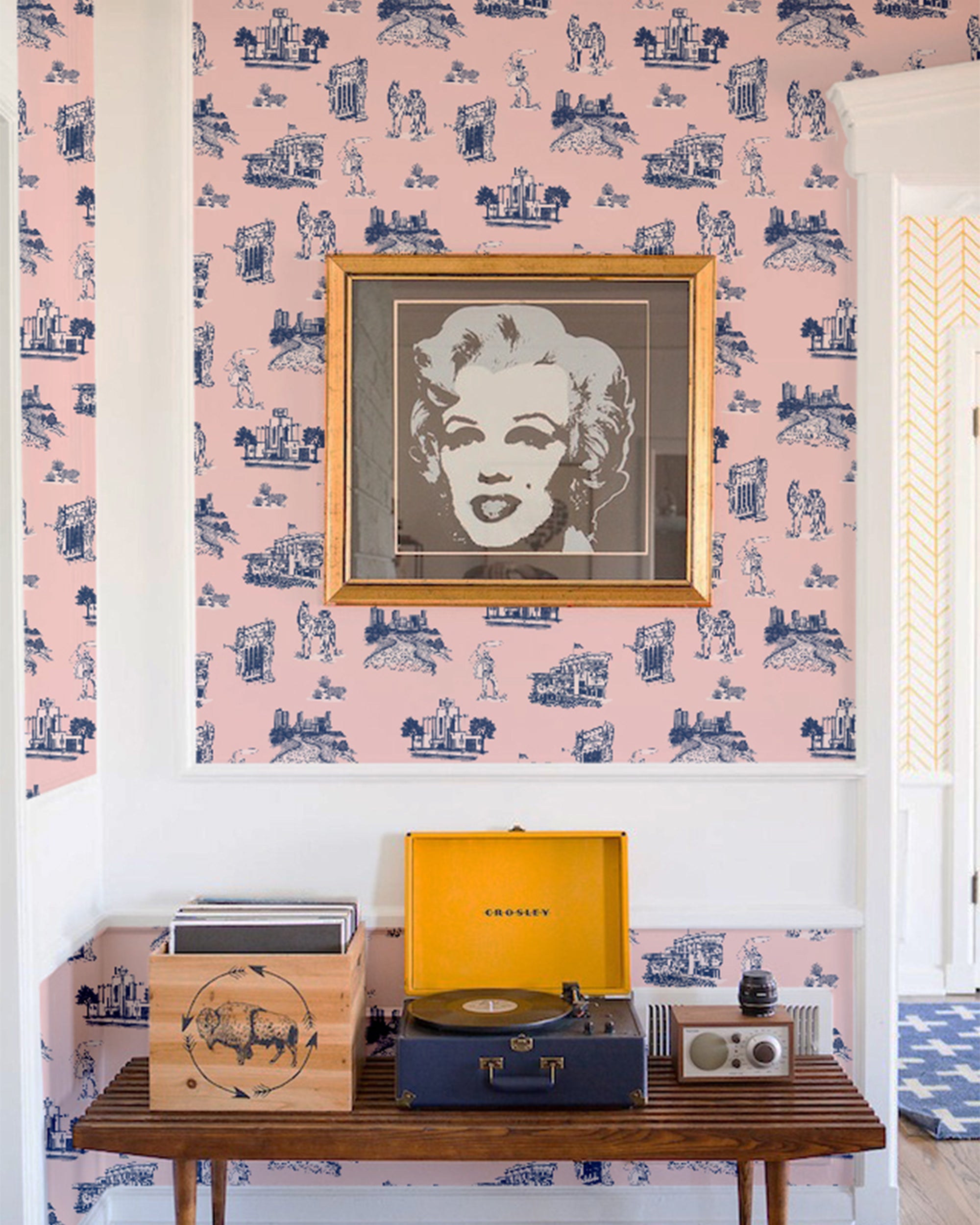 Fort Worth Toile Peel and Stick Wallpaper in light pink navy color - pattern number KK17139_Light_Pink_Navy_KH306 - by Katie Kime in the collection