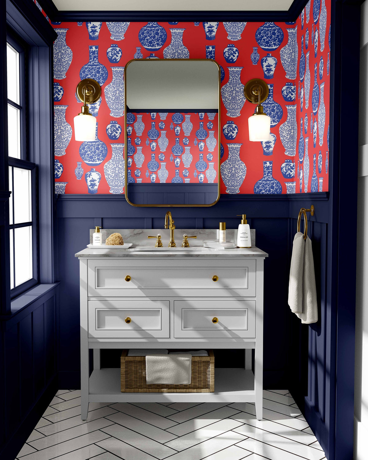 Ginger Jars Wallpaper in Red Blue color - pattern number KK17006_Red_Blue_KH300 - by Katie Kime in the collection