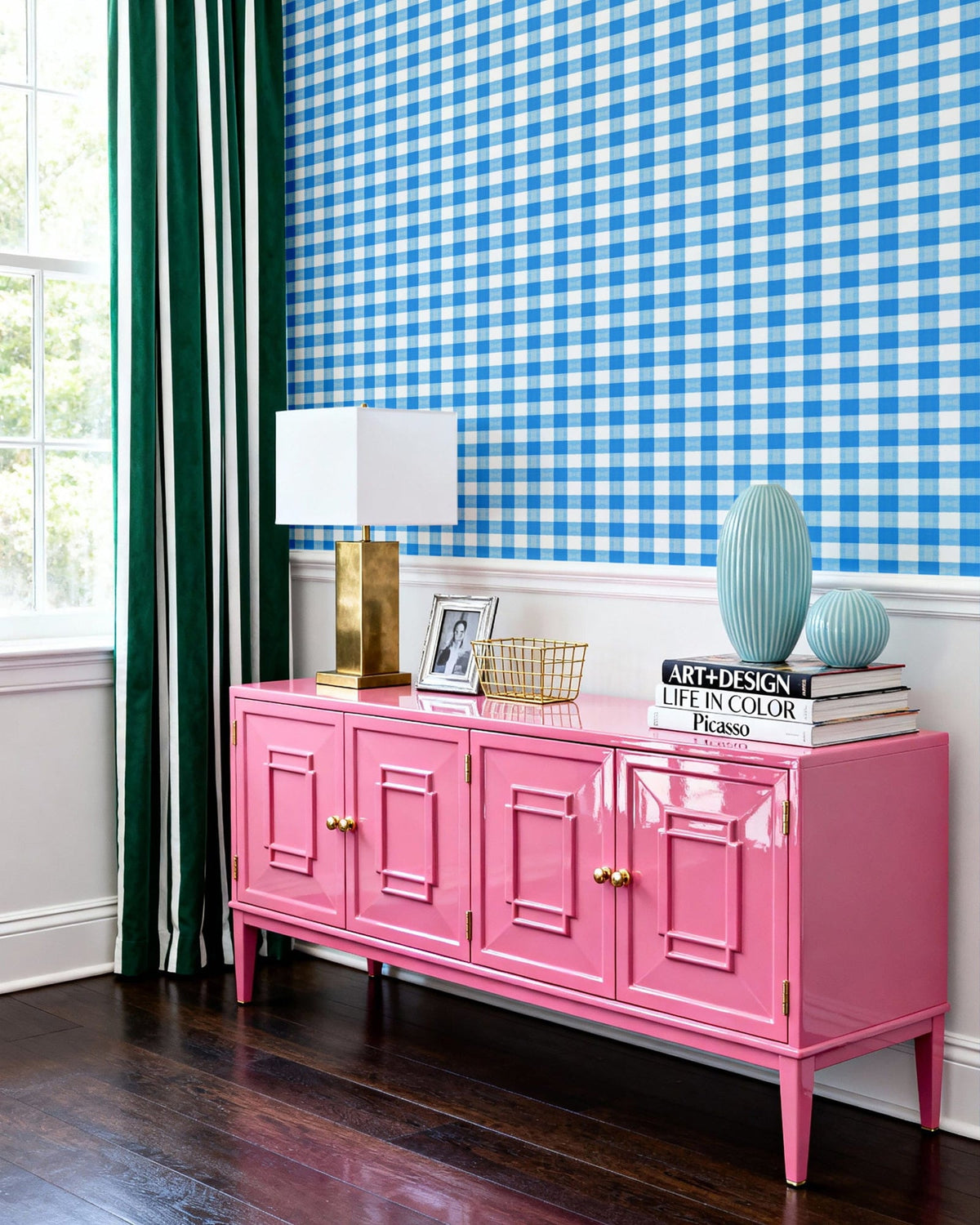 Gingham Peel and Stick Wallpaper in Light Blue color - pattern number KK800_Light_Blue_KH306 - by Katie Kime in the collection