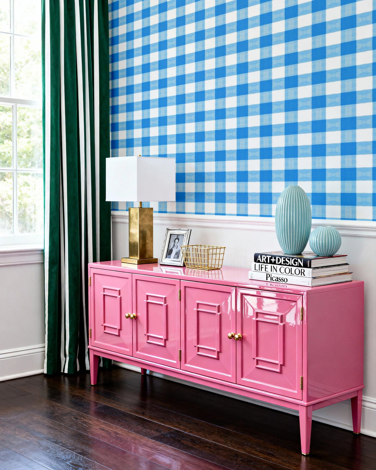 Gingham Peel and Stick Wallpaper in Light Blue color - pattern number KK799_Light_Blue_KH306 - by Katie Kime in the collection