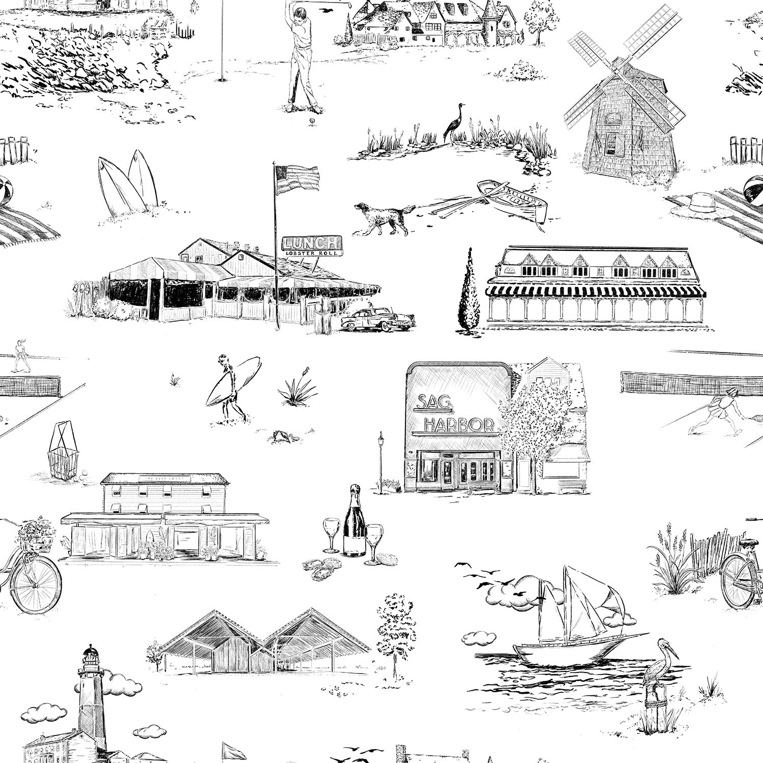 Hamptons Toile Wallpaper in Black color - pattern number KK759_Black_KH300 - by Katie Kime in the collection