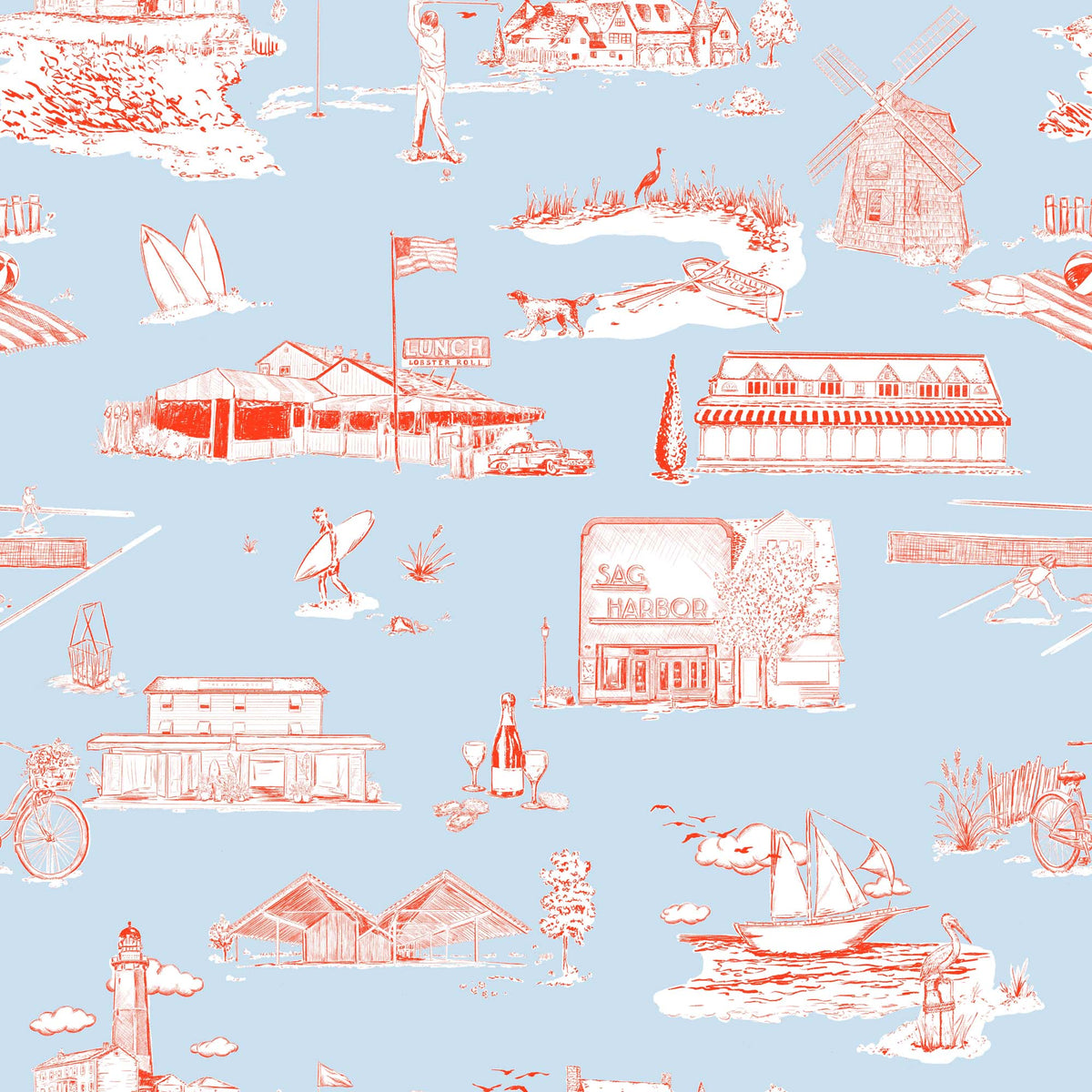 Hamptons Toile Peel and Stick Wallpaper in Light Blue Red color - pattern number KK759_Light_Blue_Red_KH306 - by Katie Kime in the collection