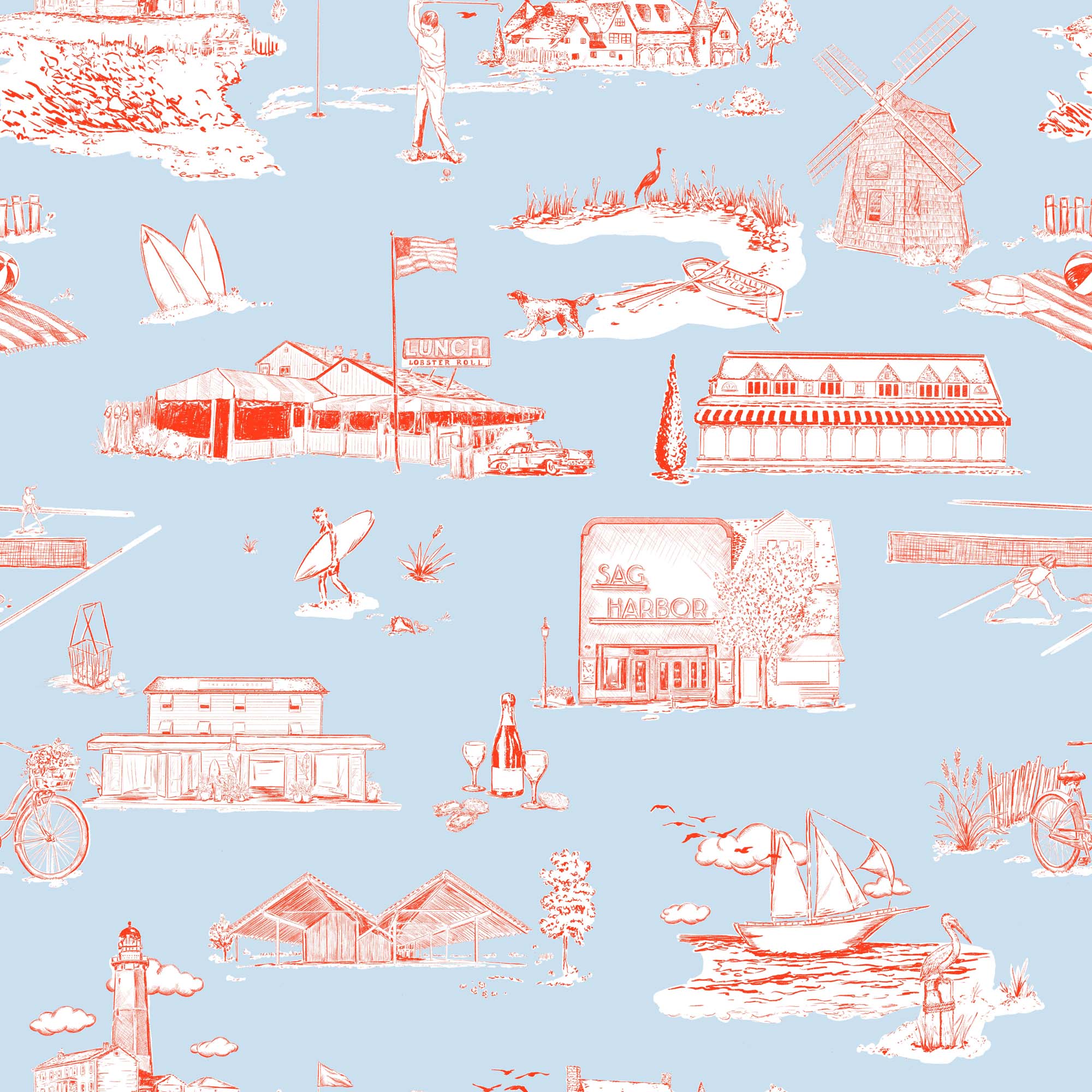 Hamptons Toile Wallpaper in Light Blue Red color - pattern number KK759_Light_Blue_Red_KH300 - by Katie Kime in the collection