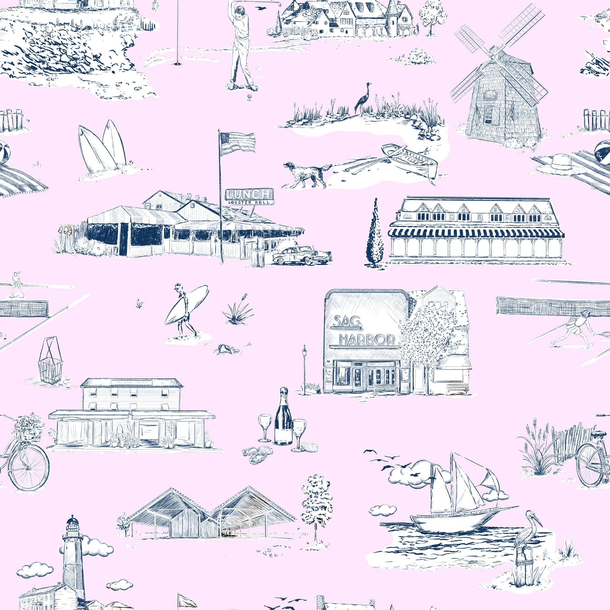 Hamptons Toile Wallpaper in Lilac Navy color - pattern number KK759_Lilac_Navy_KH300 - by Katie Kime in the collection