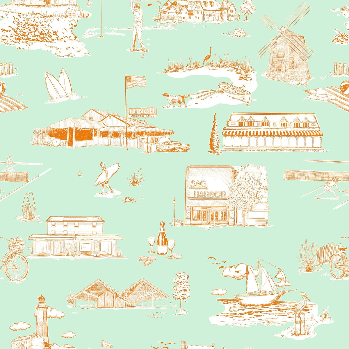 Hamptons Toile Peel and Stick Wallpaper in Mint Orange color - pattern number KK579_Mint_Orange_KH306 - by Katie Kime in the collection