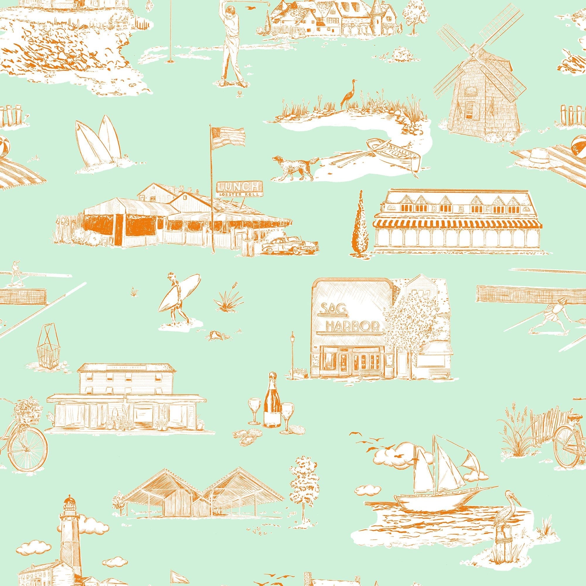 Hamptons Toile Wallpaper in Mint Orange color - pattern number KK759_Mint_Orange_KH300 - by Katie Kime in the collection