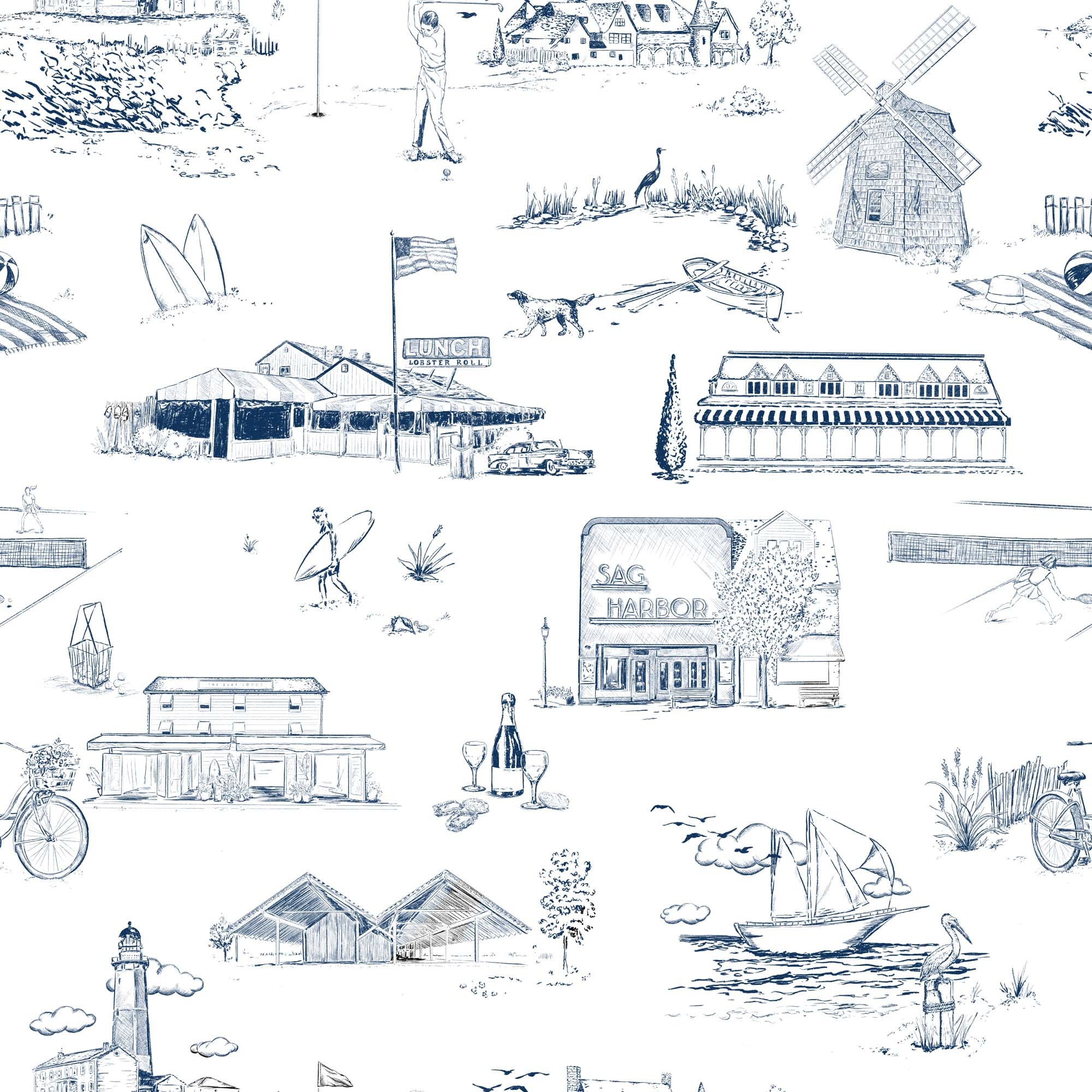 Hamptons Toile Wallpaper in Navy color - pattern number KK759_Navy_KH300 - by Katie Kime in the collection