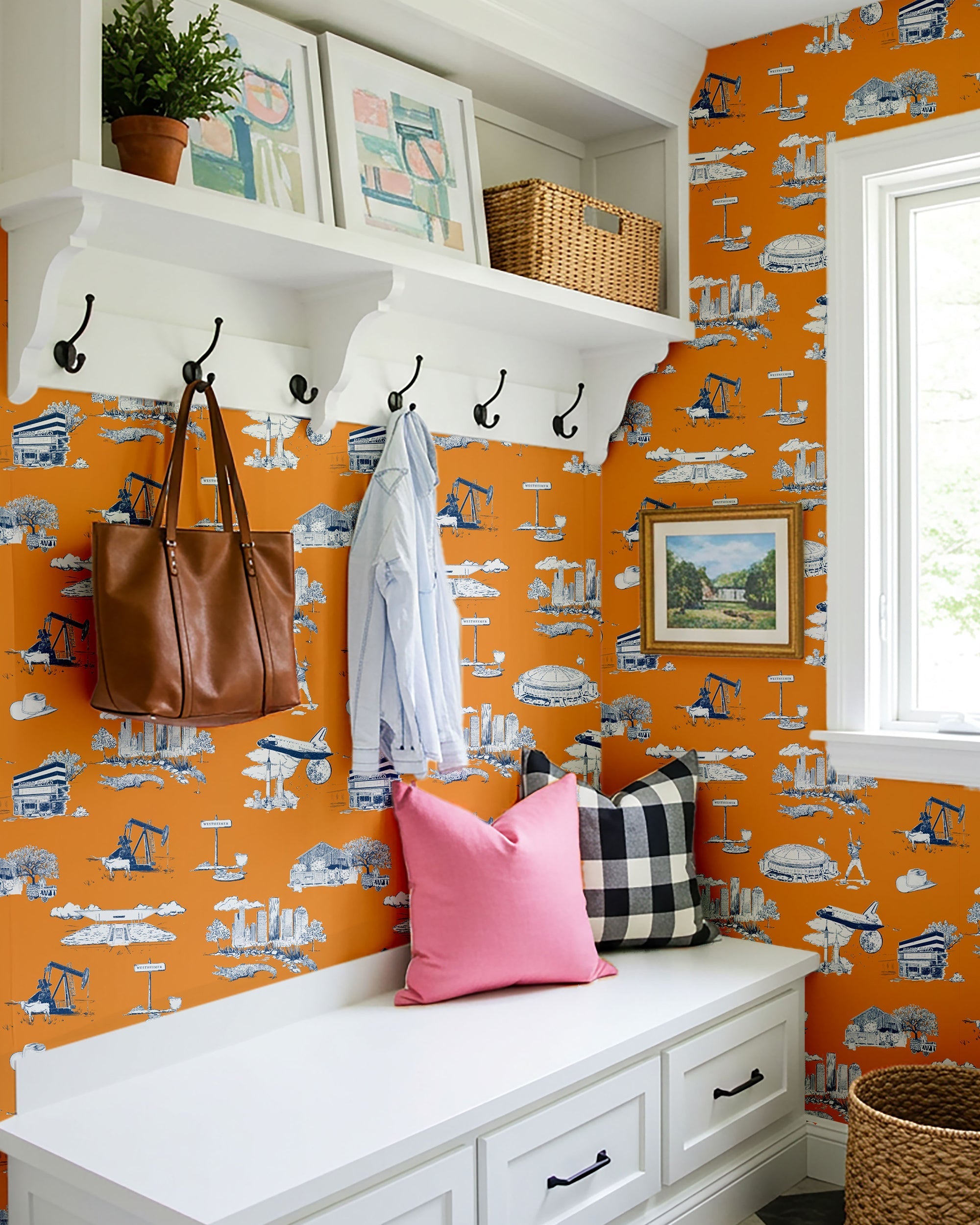 Houston Toile Wallpaper in orange navy color - pattern number KK737_Orange_Navy_KH300 - by Katie Kime in the collection