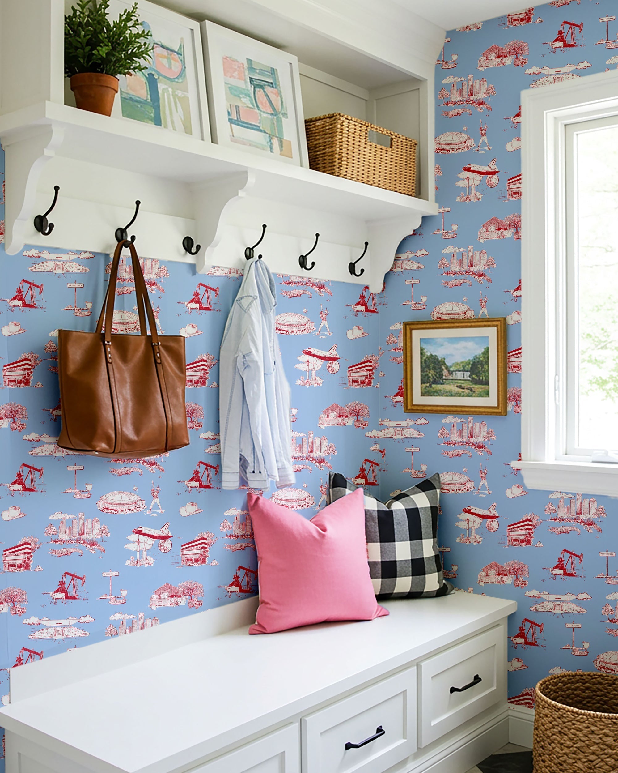 Houston Toile Wallpaper in Blue Red color - pattern number KK737_Blue_Red_KH300 - by Katie Kime in the collection