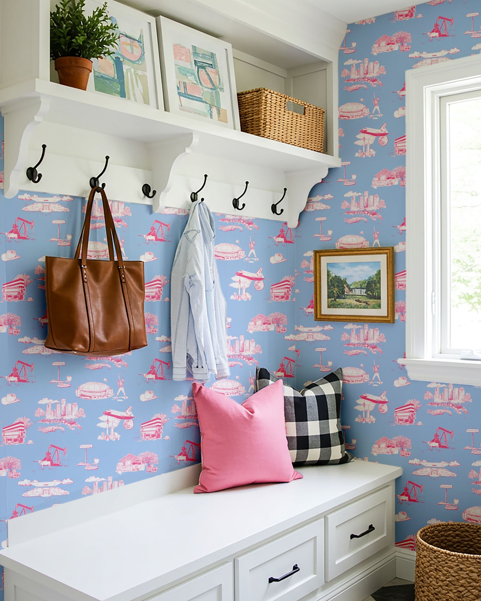 Houston Toile Wallpaper in blue pink color - pattern number KK737_Blue_Pink_KH300 - by Katie Kime in the collection