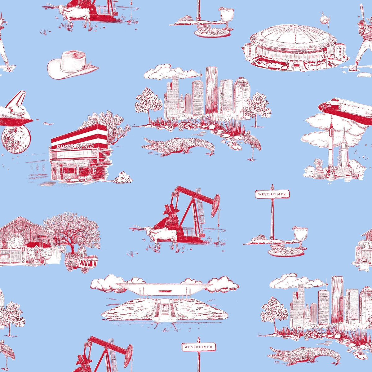 Houston Toile Wallpaper in Blue Red color - pattern number KK737_Blue_Red_KH300 - by Katie Kime in the collection