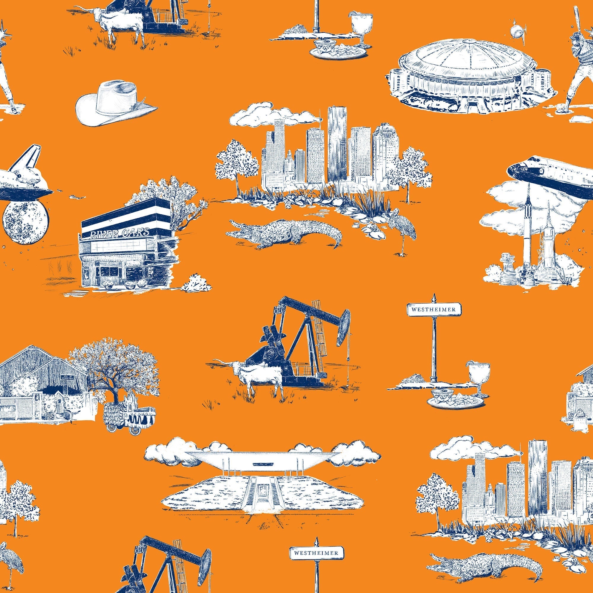 Houston Toile Wallpaper in orange navy color - pattern number KK737_Orange_Navy_KH300 - by Katie Kime in the collection