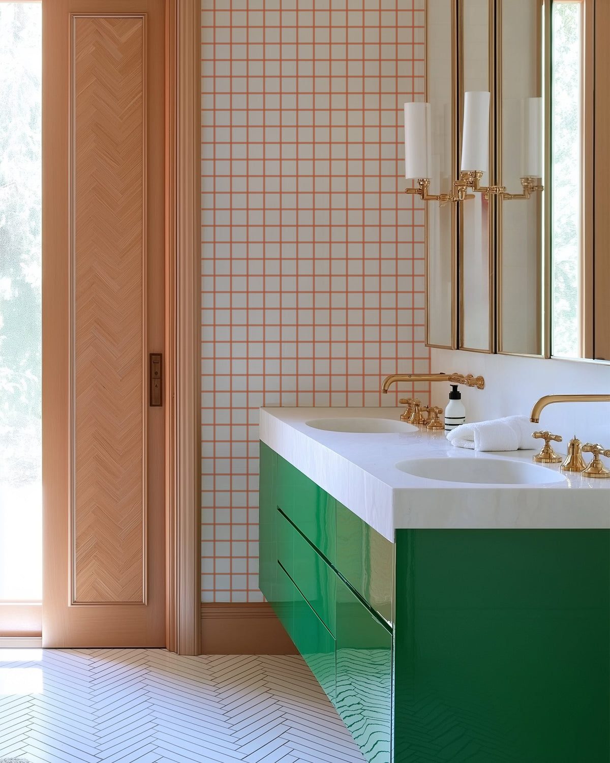 In Check Wallpaper in Coral color - pattern number KK17071_Coral_KH300 - by Katie Kime in the collection