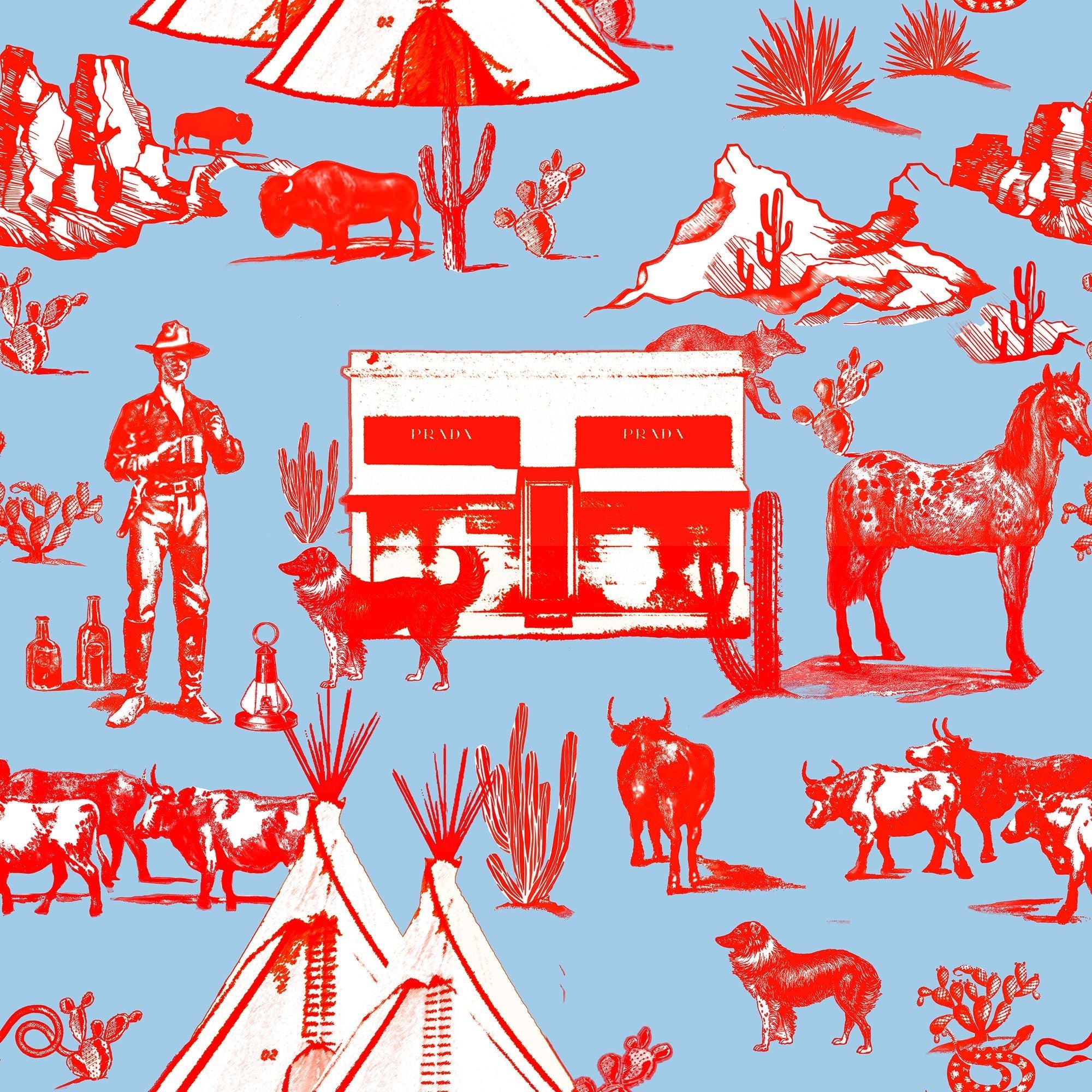 Marfa Toile Wallpaper in Blue Red color - pattern number KK17118_Blue_Red_KH300 - by Katie Kime in the collection