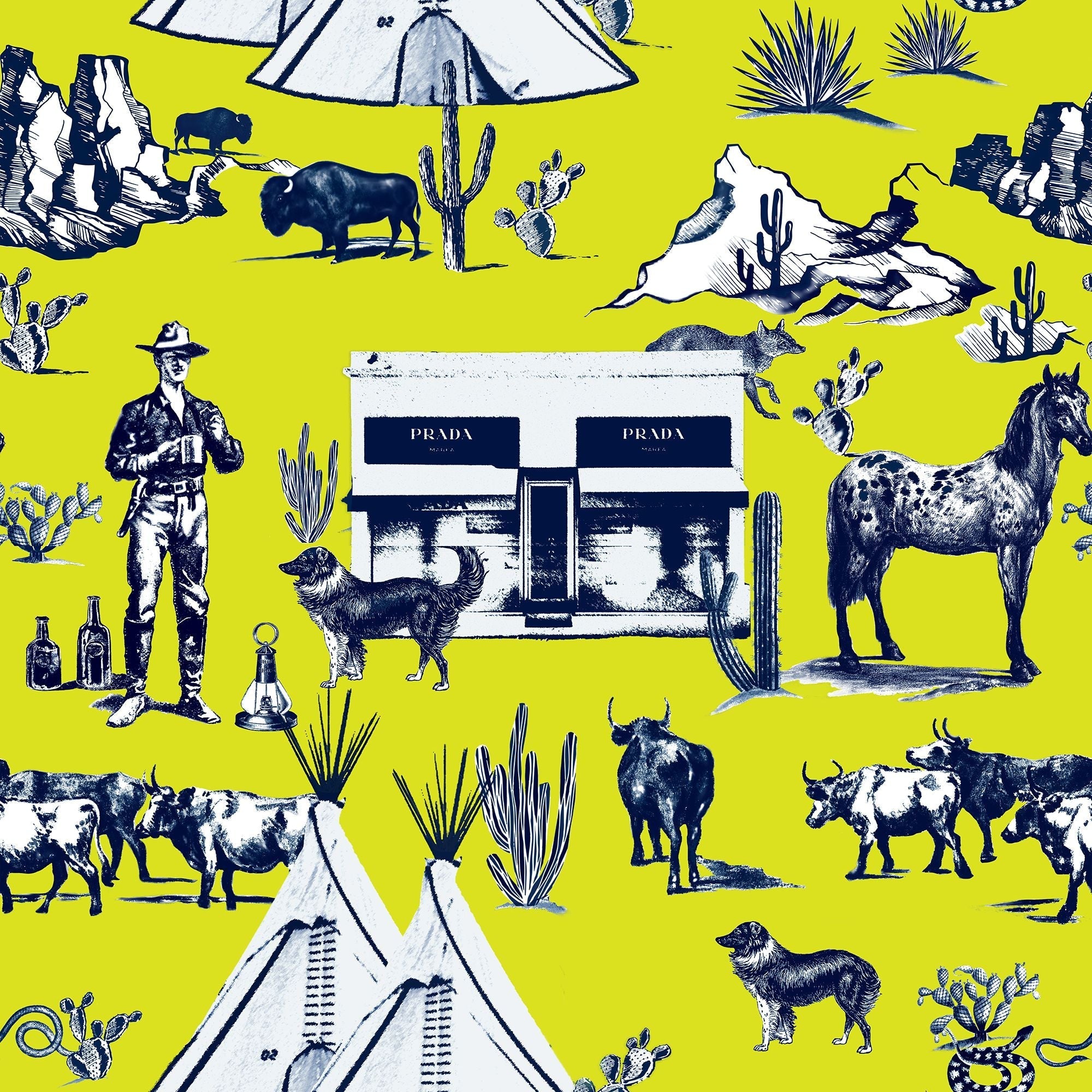 Marfa Toile Wallpaper in Chartreuse Navy color - pattern number KK17118_Chartreuse_Navy_KH300 - by Katie Kime in the collection