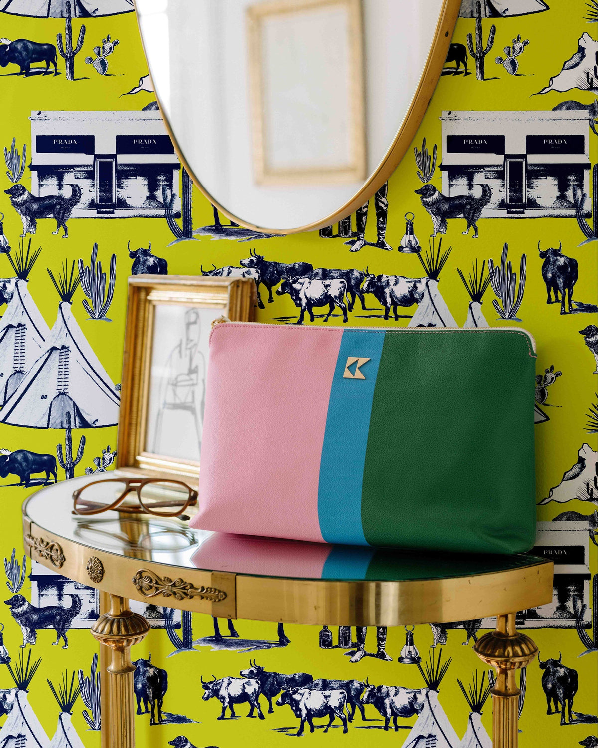 Marfa Toile Wallpaper in Chartreuse Navy color - pattern number KK17118_Chartreuse_Navy_KH300 - by Katie Kime in the collection