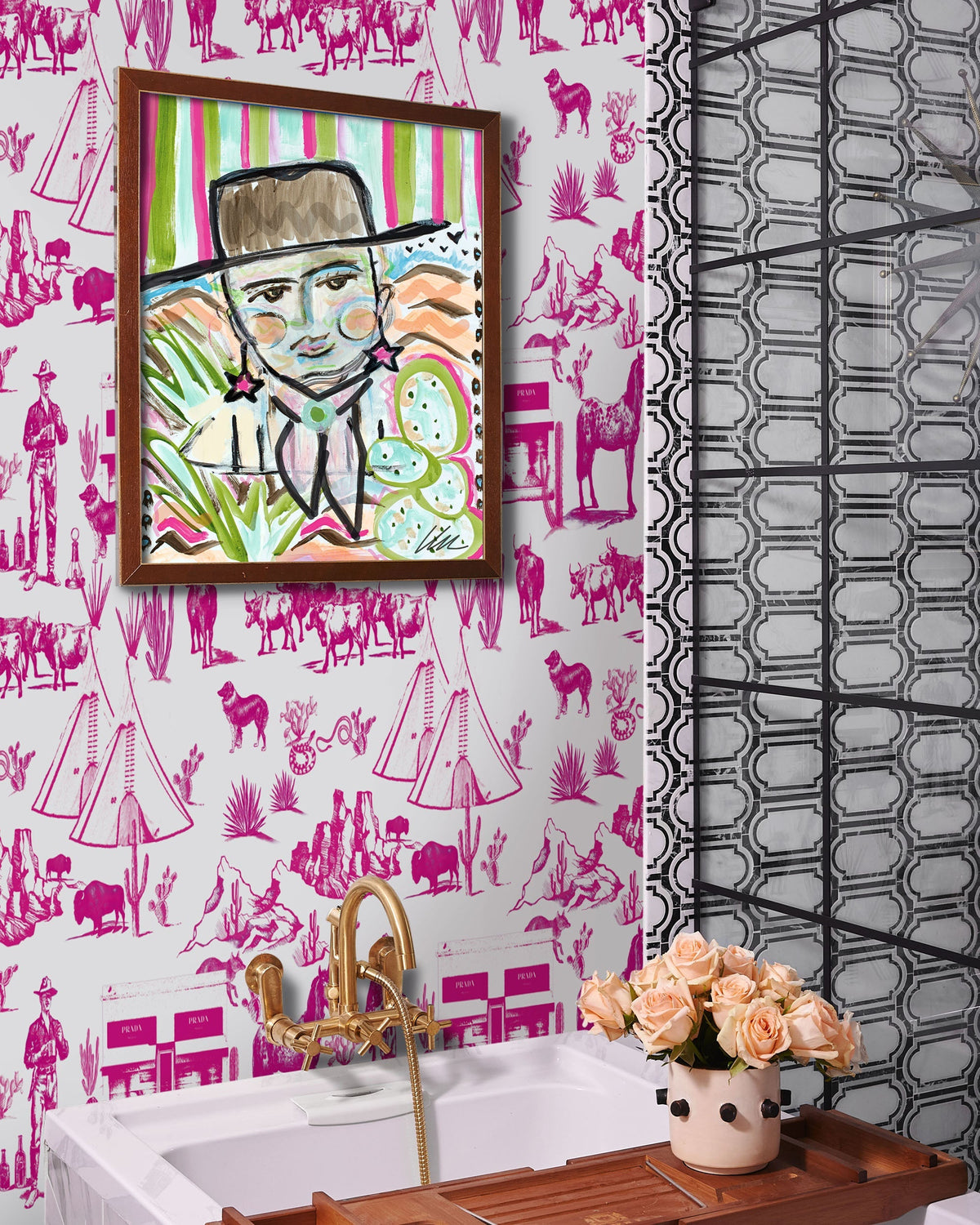 Marfa Toile Wallpaper in Pink color - pattern number KK17118_Pink_KH300 - by Katie Kime in the collection
