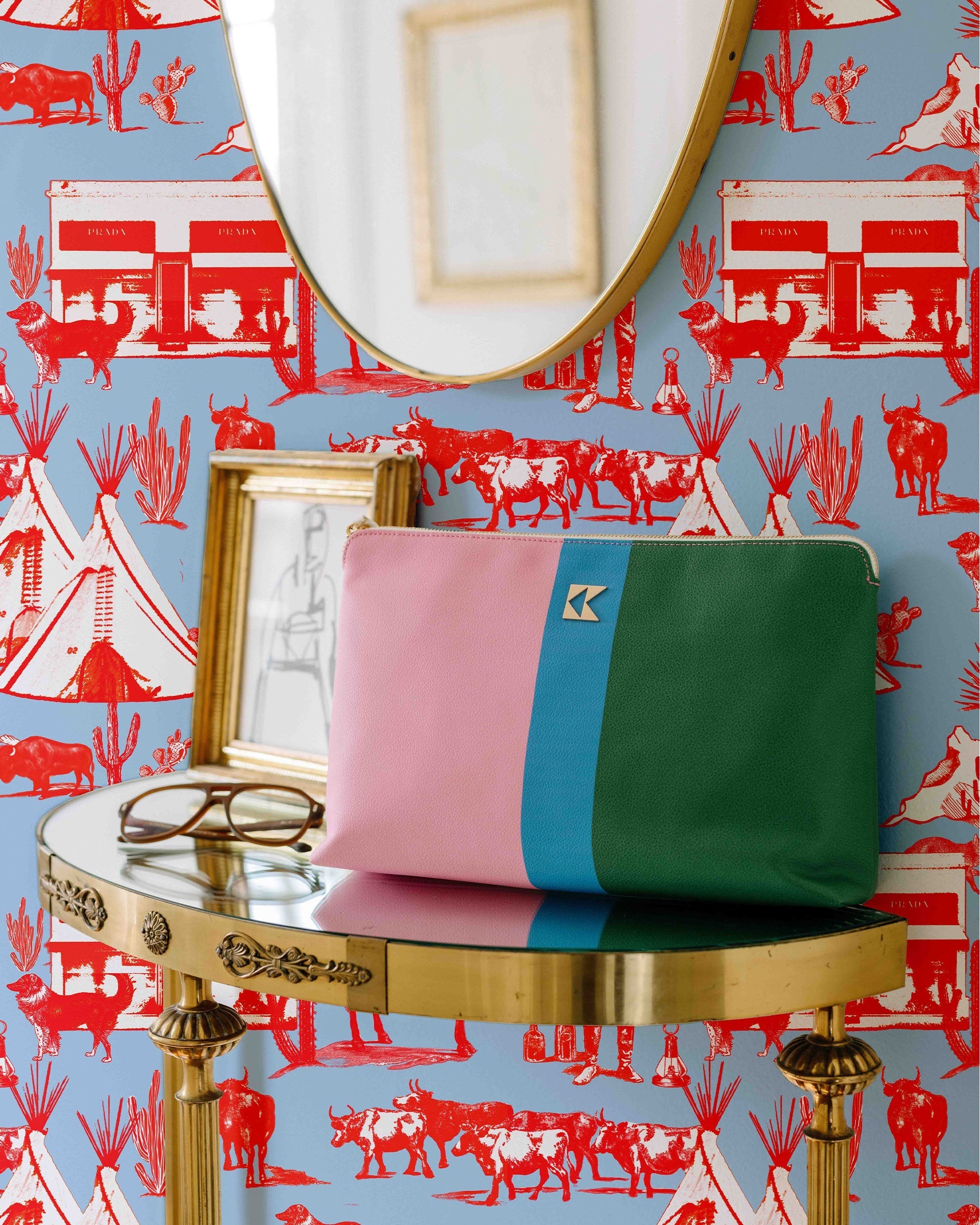 Marfa Toile Wallpaper in Blue Red color - pattern number KK17118_Blue_Red_KH300 - by Katie Kime in the collection