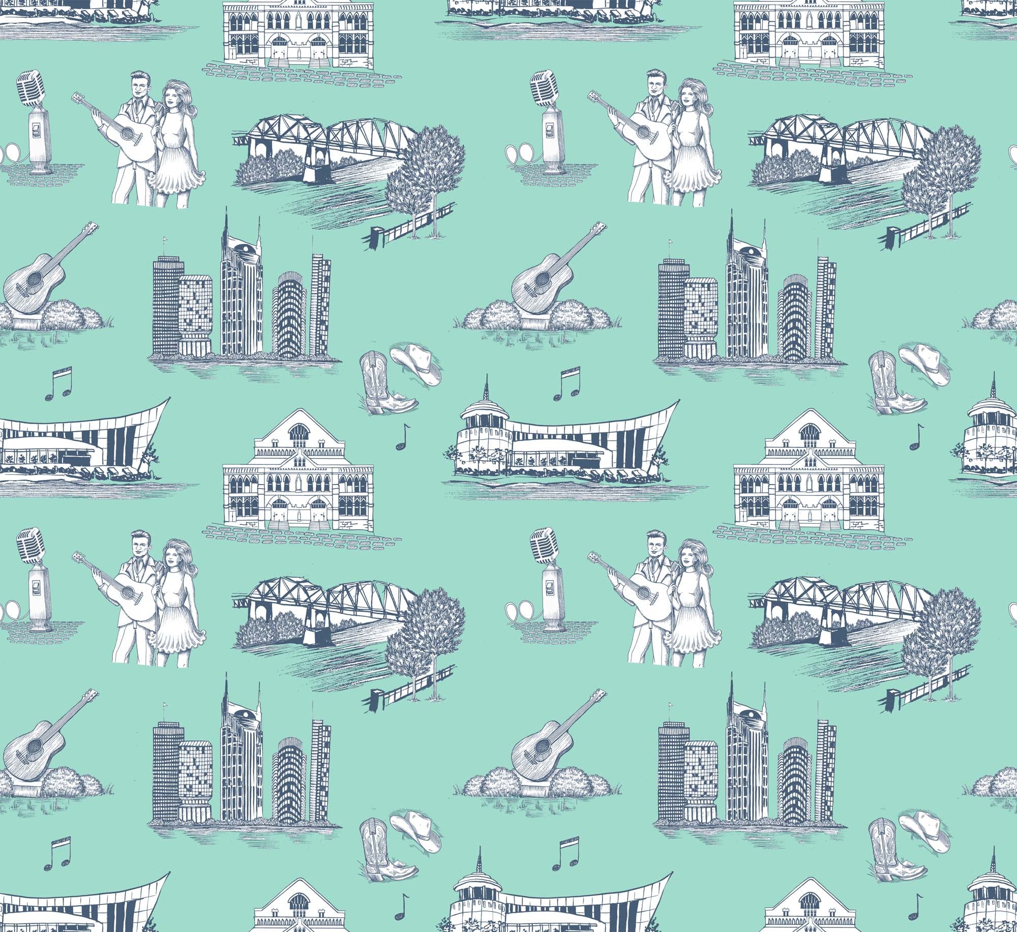 Nashville Toile Peel and Stick Wallpaper in mint navy color - pattern number KK17122_Mint_Navy_KH306 - by Katie Kime in the collection