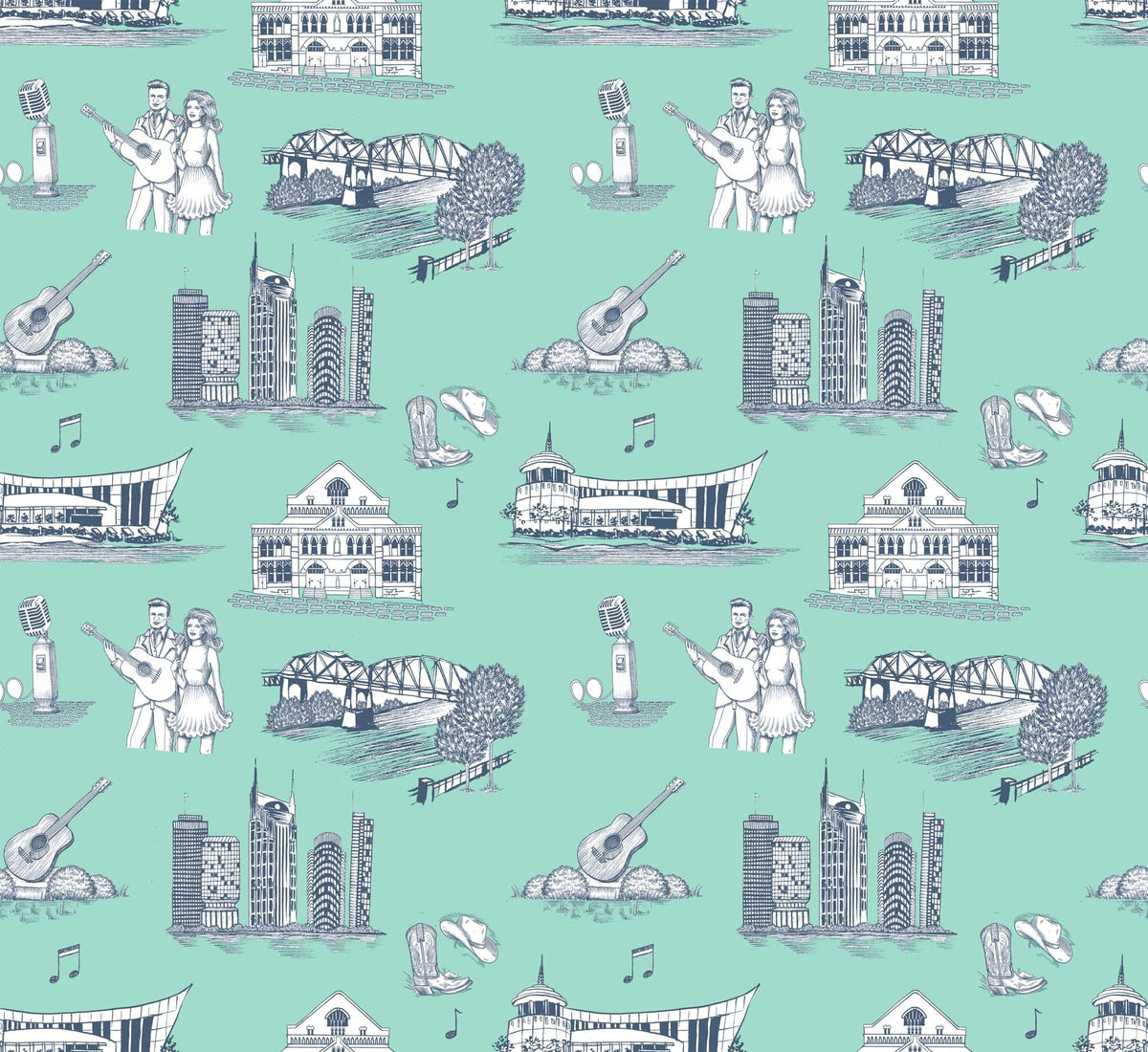 Nashville Toile Peel and Stick Wallpaper in Mint Navy color - pattern number KK17122_Mint_Navy_KH306 - by Katie Kime in the collection