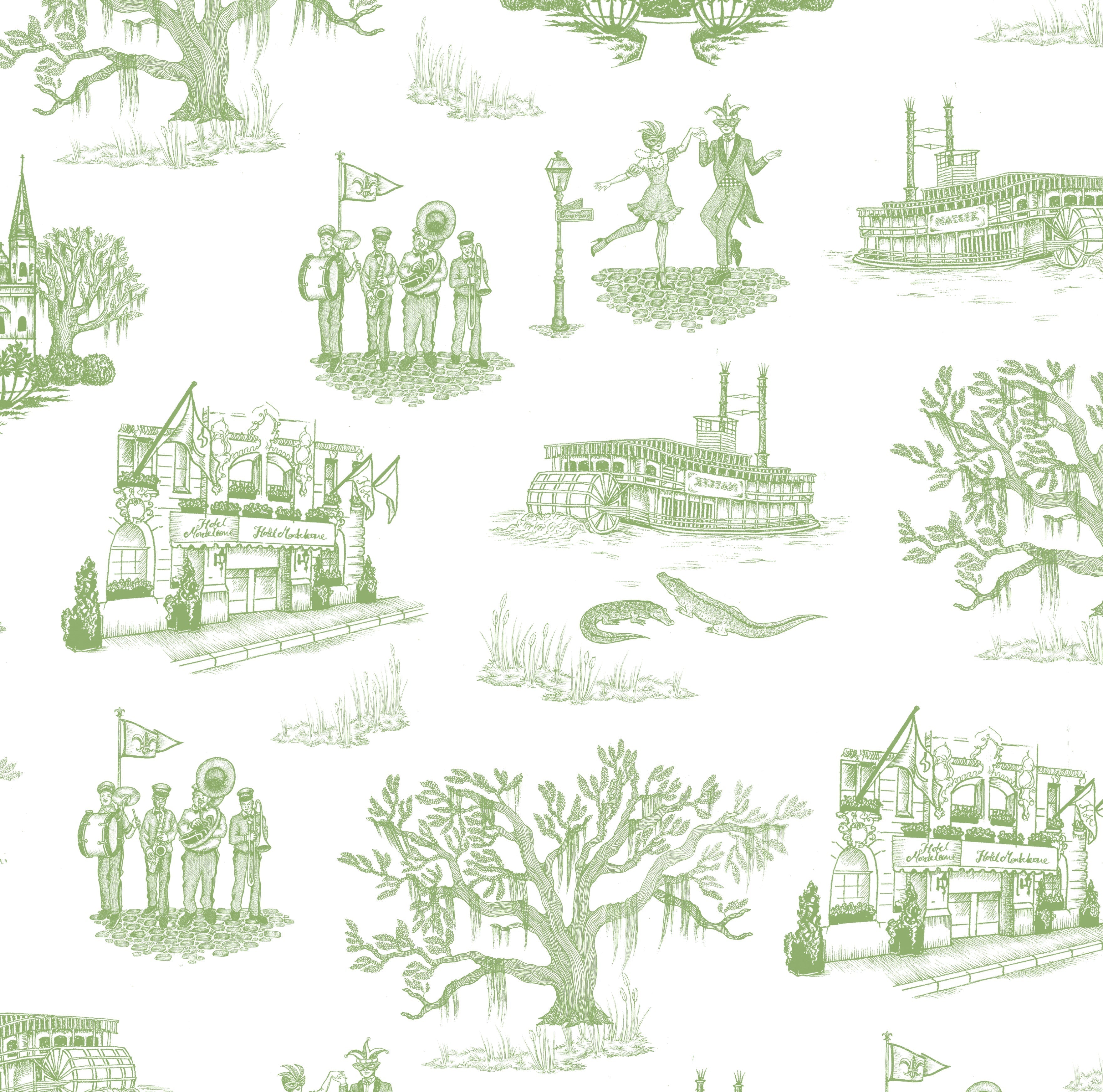 New Orleans Toile Peel and Stick Wallpaper in green color - pattern number KK17123_Green_KH306 - by Katie Kime in the collection