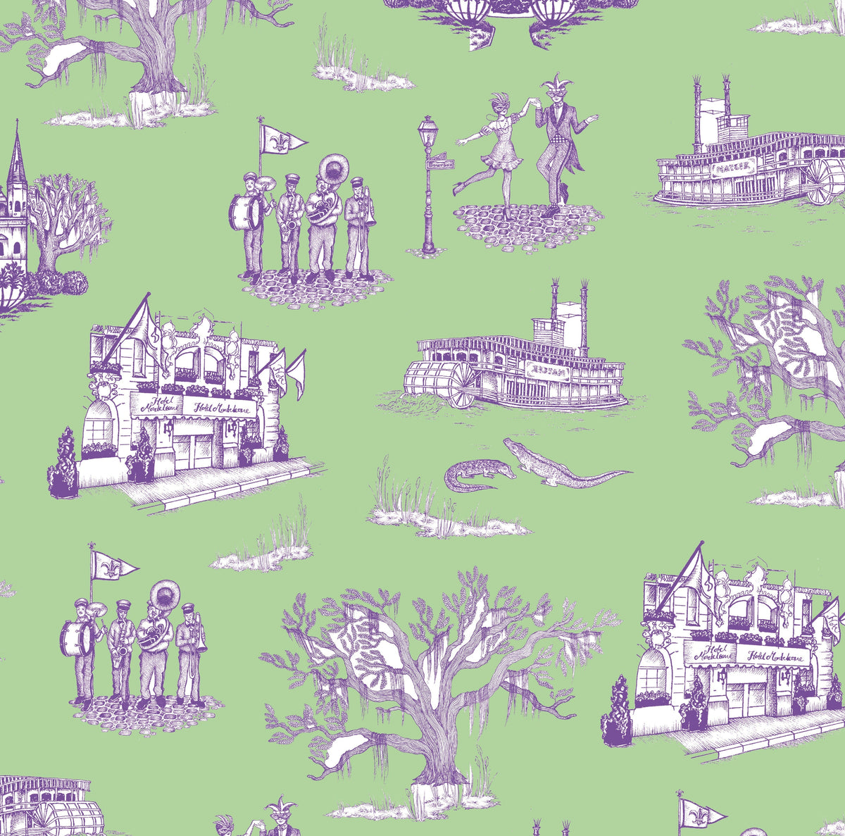 New Orleans Toile Wallpaper in Green Lavender color - pattern number KK17123_Green_Lavender_KH300 - by Katie Kime in the collection